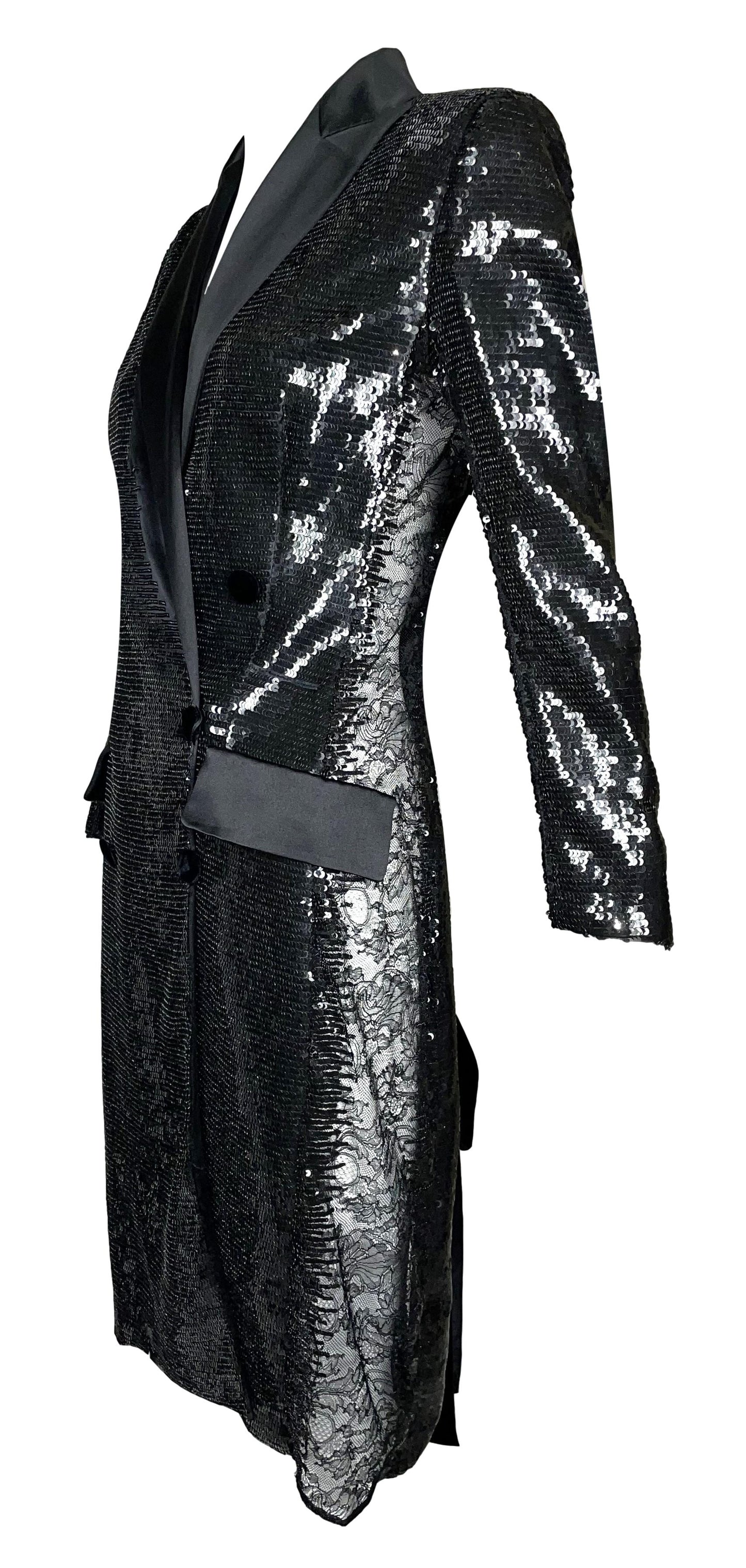 F/W 2005 Roberto Cavalli Runway Black Sequin Sheer Lace Sides Tuxedo Dress