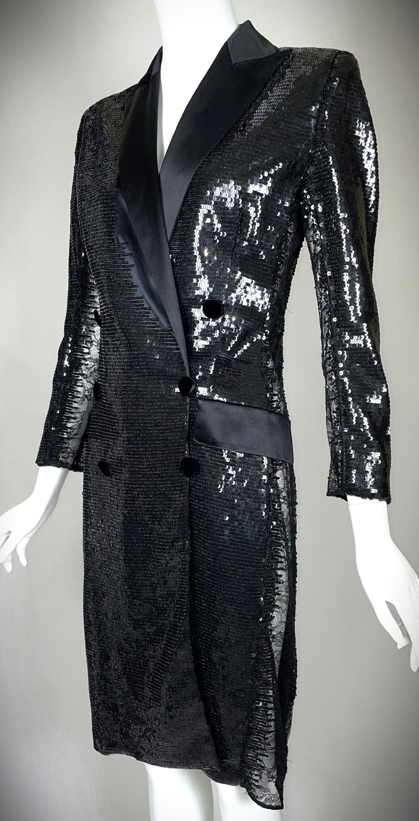 F/W 2005 Roberto Cavalli Runway Black Sequin Sheer Lace Sides Tuxedo Dress