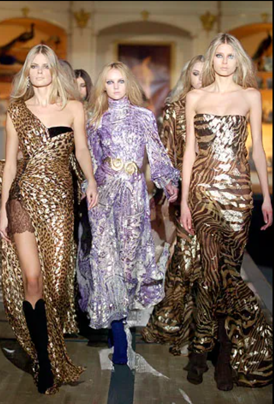 F/W 2005 Roberto Cavalli Runway 1940's Old Hollywood Style Sheer Gold Leopard One Shoulder Bustier High Slit Gown Dress w Train