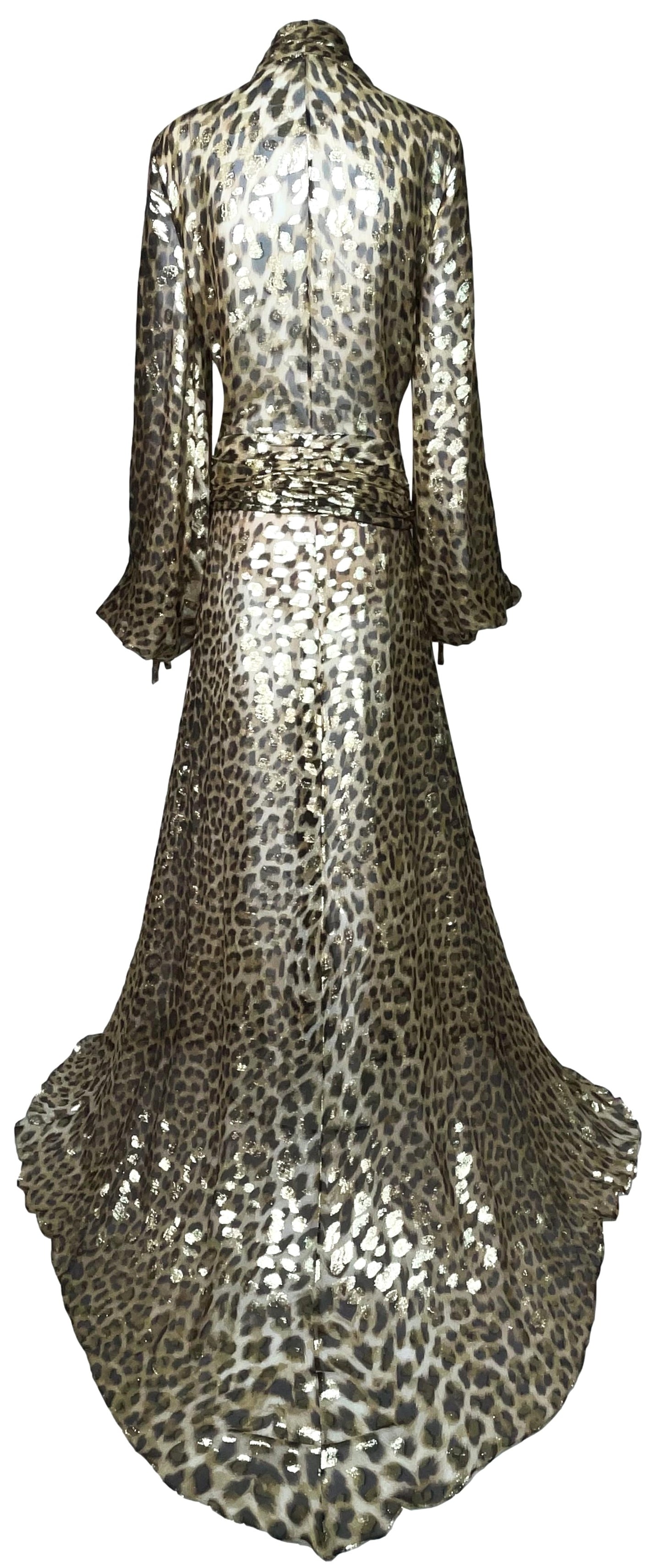F/W 2005 Roberto Cavalli Runway 1970's Scarface Style Plunging Gold Leopard High Slit Bodysuit Gown Dress