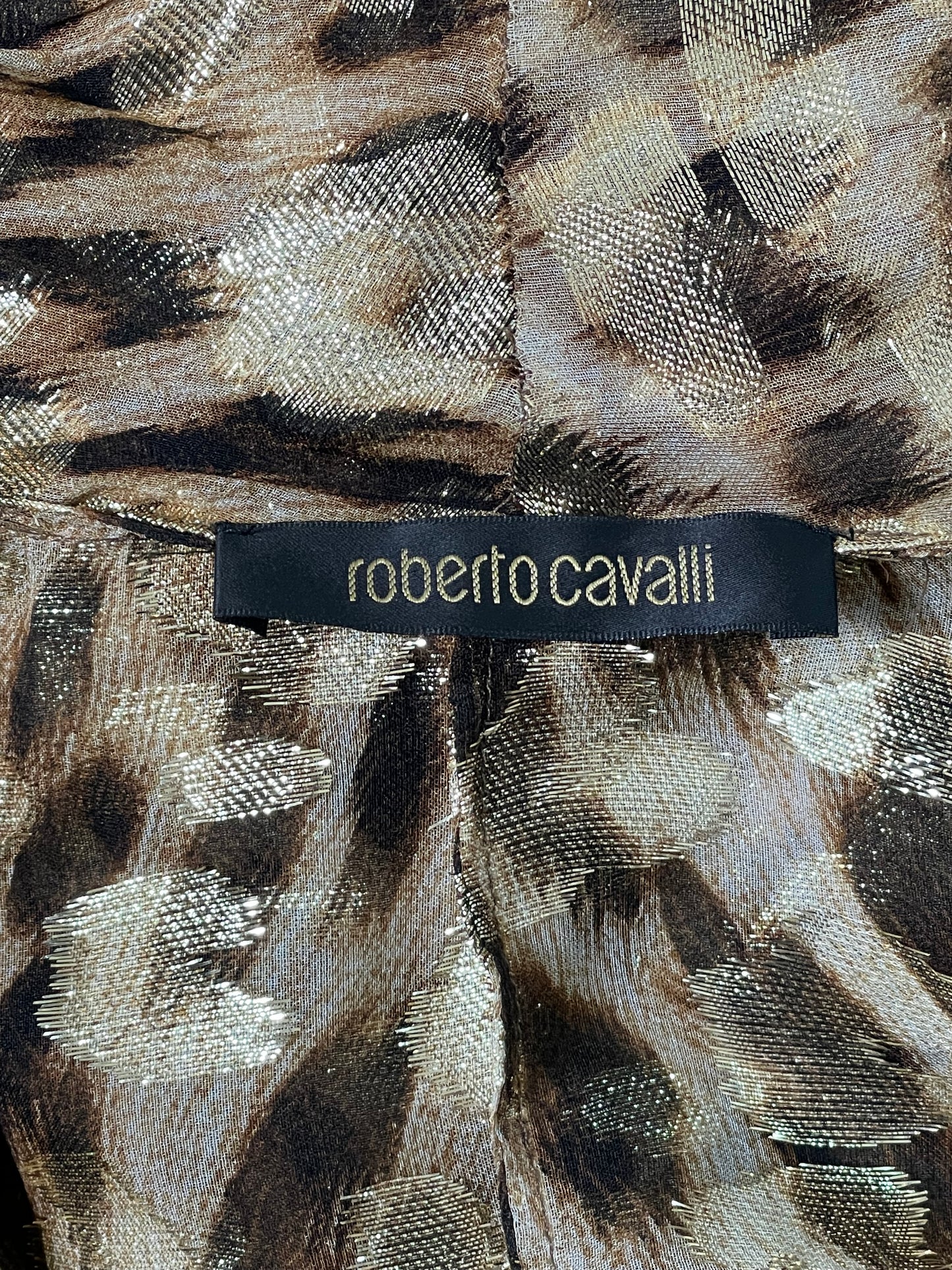 F/W 2005 Roberto Cavalli Runway 1970's Scarface Style Plunging Gold Leopard High Slit Bodysuit Gown Dress