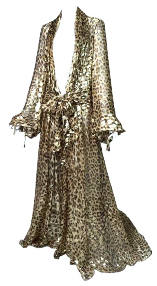 F/W 2005 Roberto Cavalli Runway 1970's Scarface Style Plunging Gold Leopard High Slit Bodysuit Gown Dress