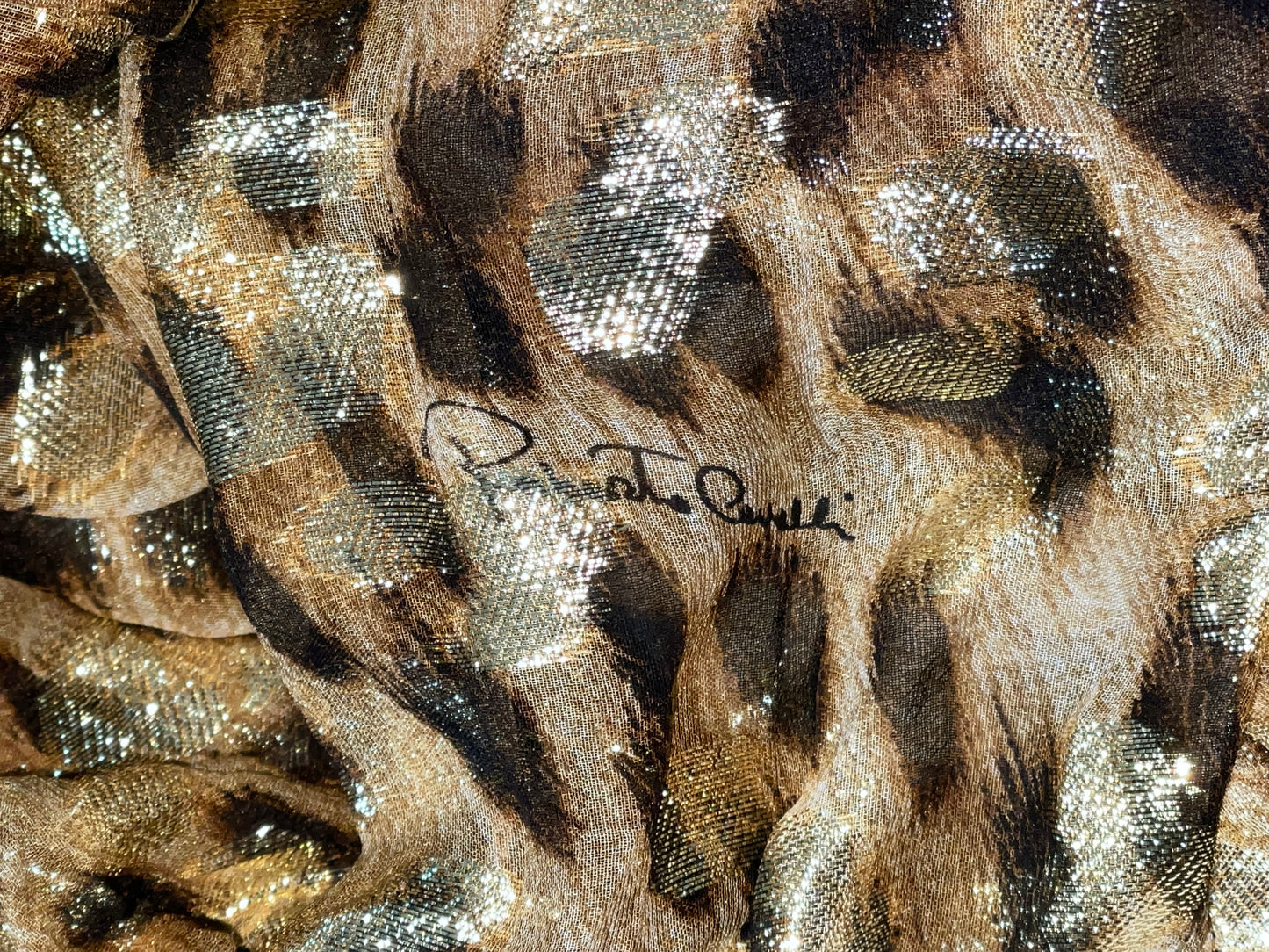 F/W 2005 Roberto Cavalli Runway 1970's Scarface Style Plunging Gold Leopard High Slit Bodysuit Gown Dress