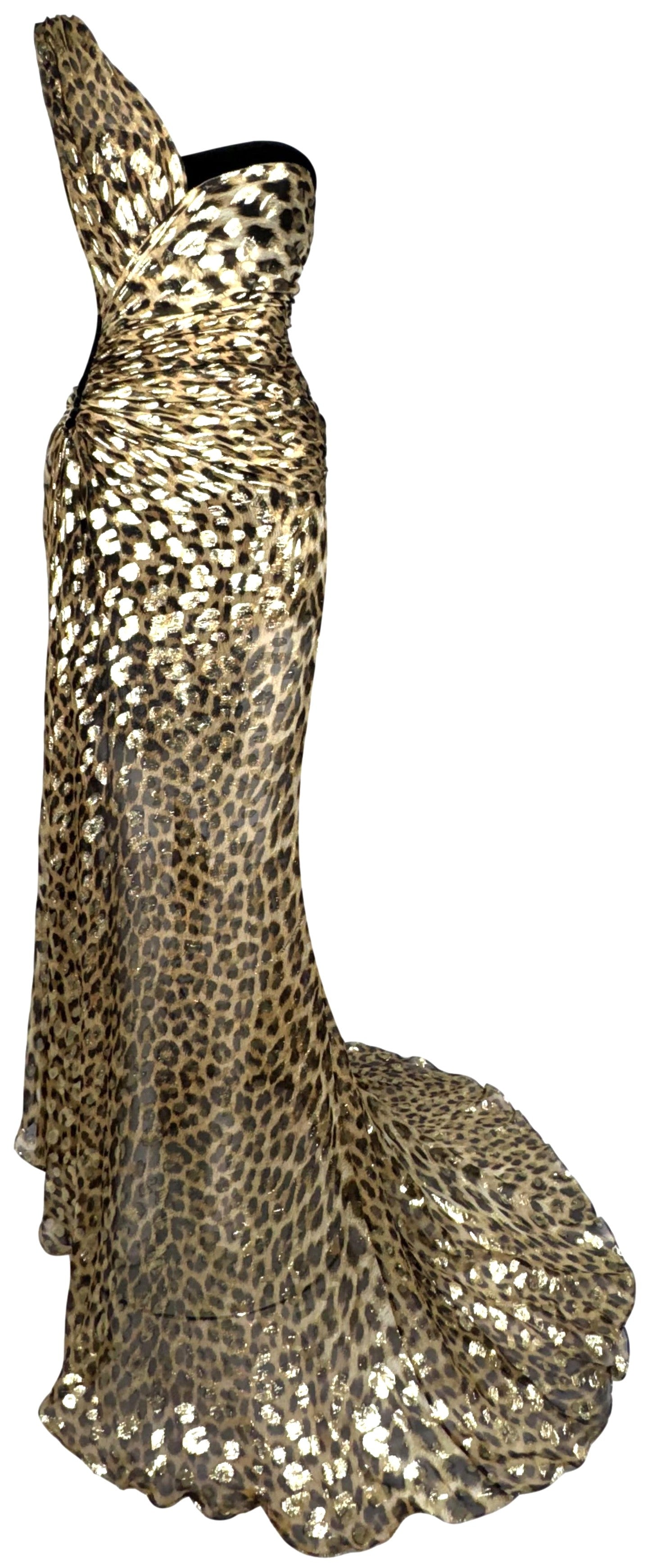 F/W 2005 Roberto Cavalli Runway 1940's Old Hollywood Style Sheer Gold Leopard One Shoulder Bustier High Slit Gown Dress w Train