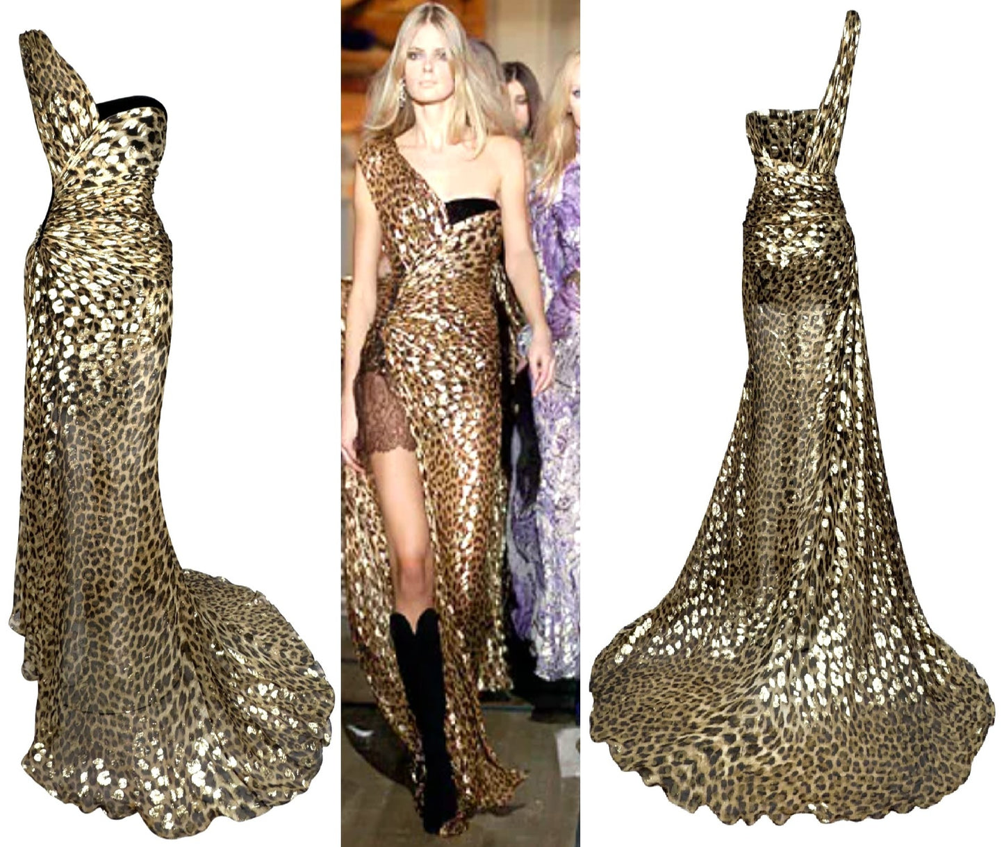 F/W 2005 Roberto Cavalli Runway 1940's Old Hollywood Style Sheer Gold Leopard One Shoulder Bustier High Slit Gown Dress w Train