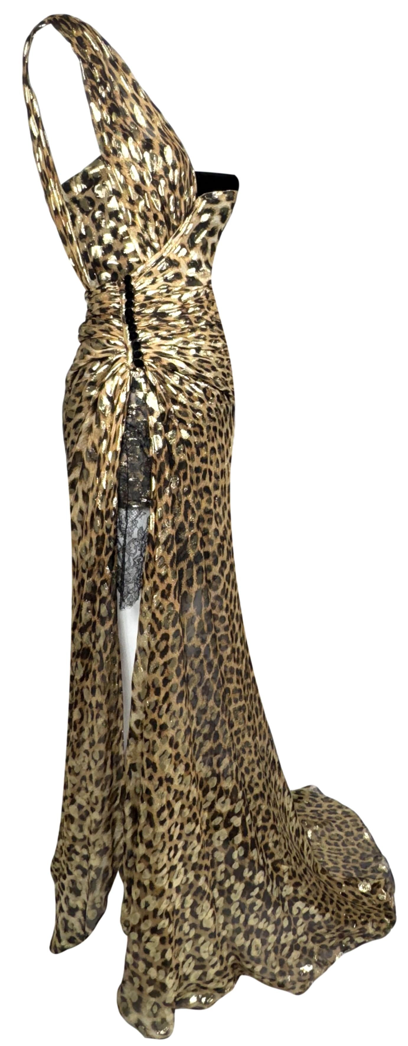 F/W 2005 Roberto Cavalli Runway 1940's Old Hollywood Style Sheer Gold Leopard One Shoulder Bustier High Slit Gown Dress w Train