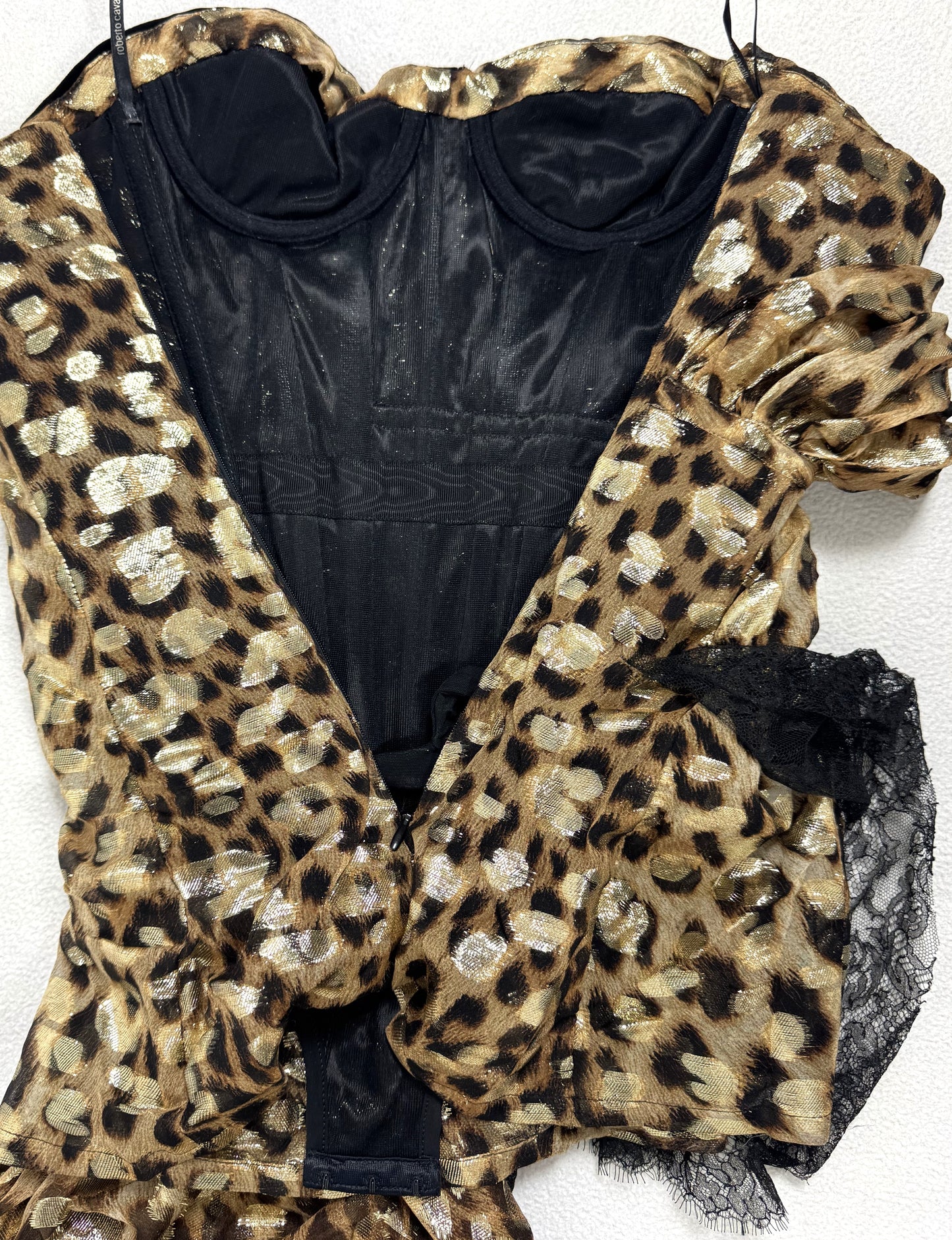 F/W 2005 Roberto Cavalli Runway 1940's Old Hollywood Style Sheer Gold Leopard One Shoulder Bustier High Slit Gown Dress w Train