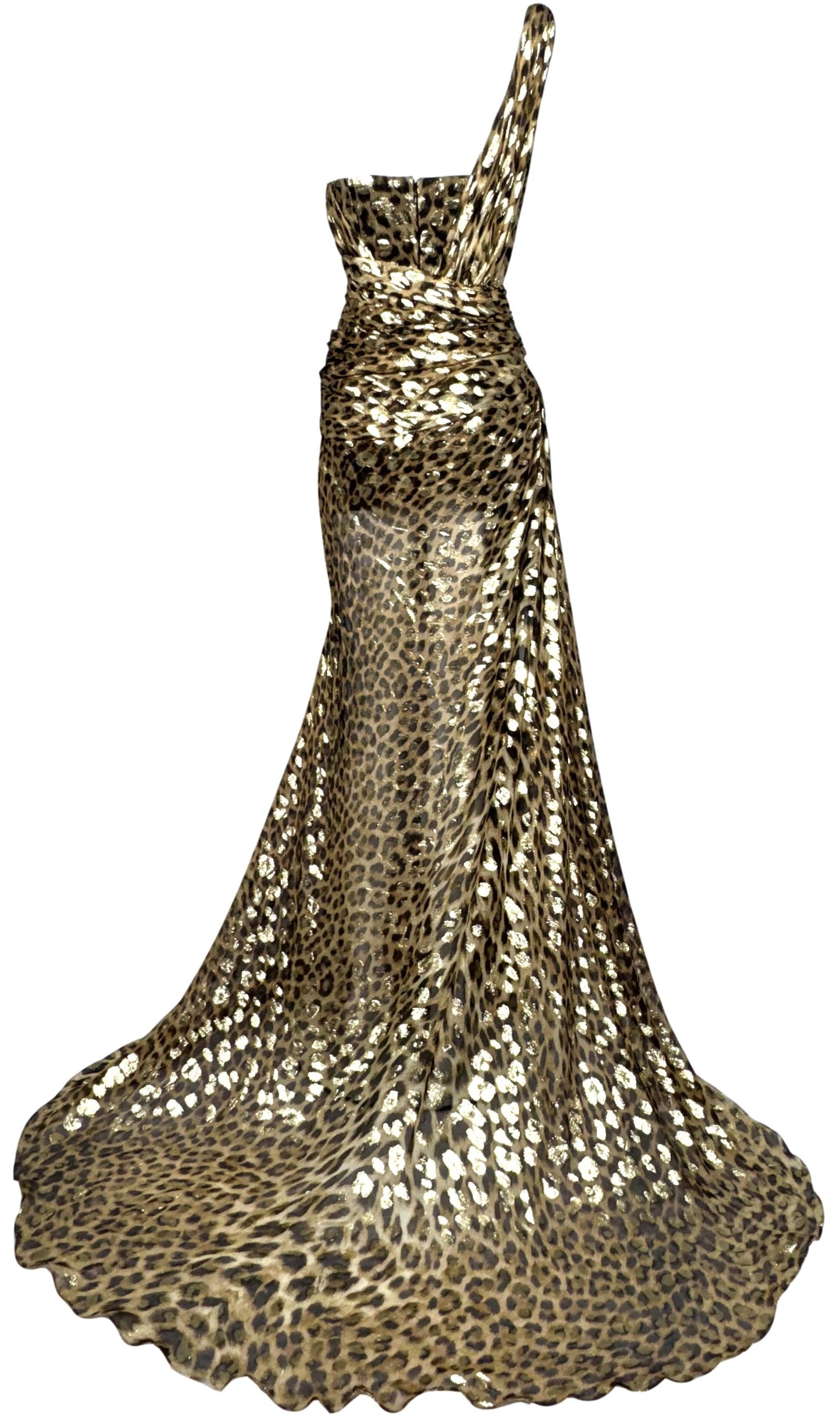 F/W 2005 Roberto Cavalli Runway 1940's Old Hollywood Style Sheer Gold Leopard One Shoulder Bustier High Slit Gown Dress w Train