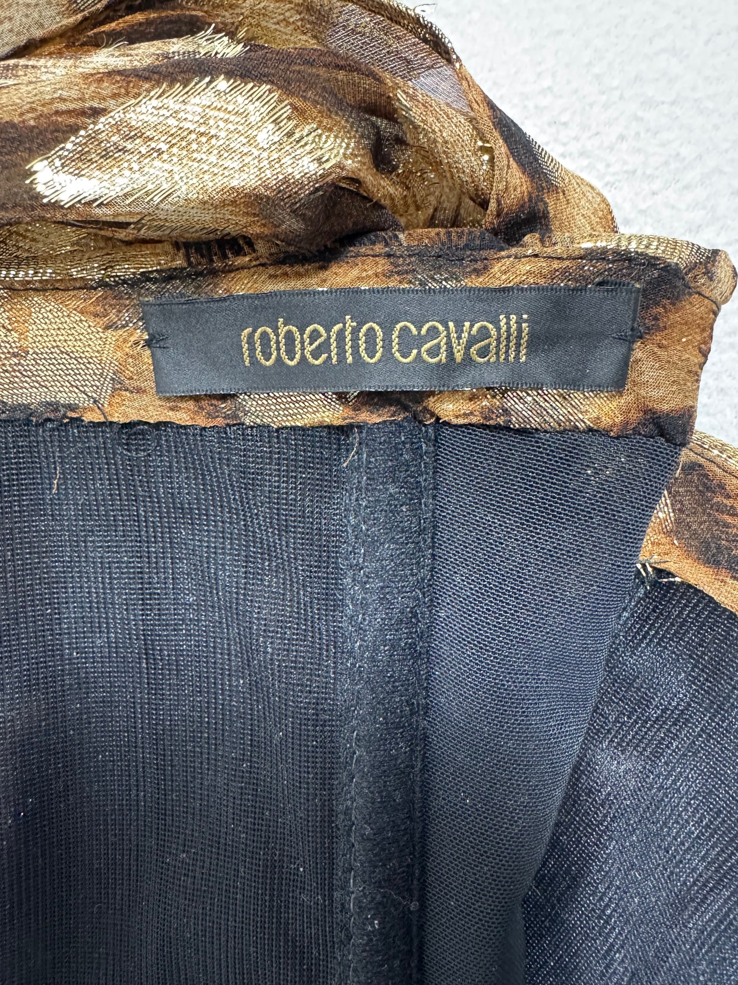 F/W 2005 Roberto Cavalli Runway 1940's Old Hollywood Style Sheer Gold Leopard One Shoulder Bustier High Slit Gown Dress w Train