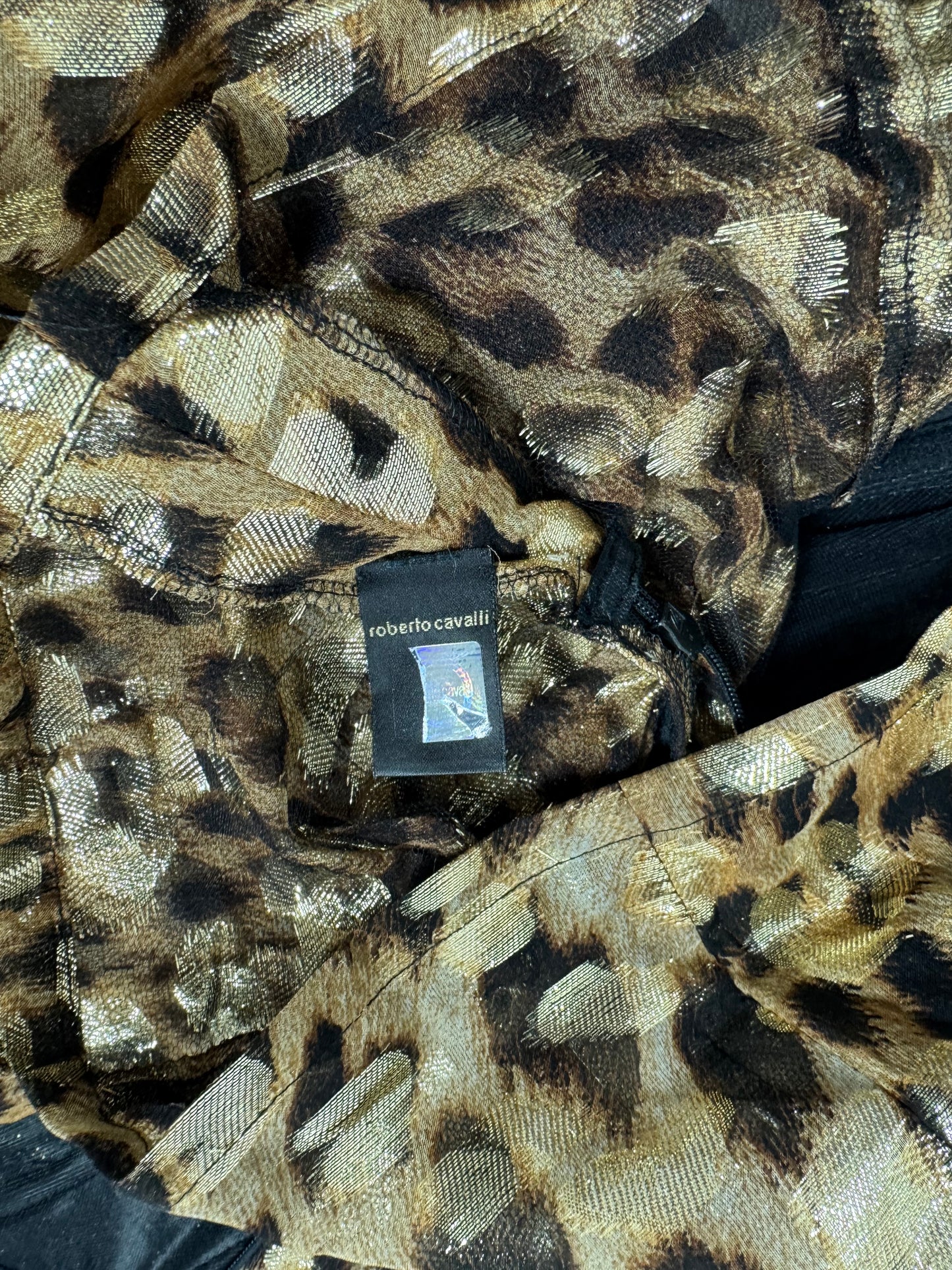 F/W 2005 Roberto Cavalli Runway 1940's Old Hollywood Style Sheer Gold Leopard One Shoulder Bustier High Slit Gown Dress w Train