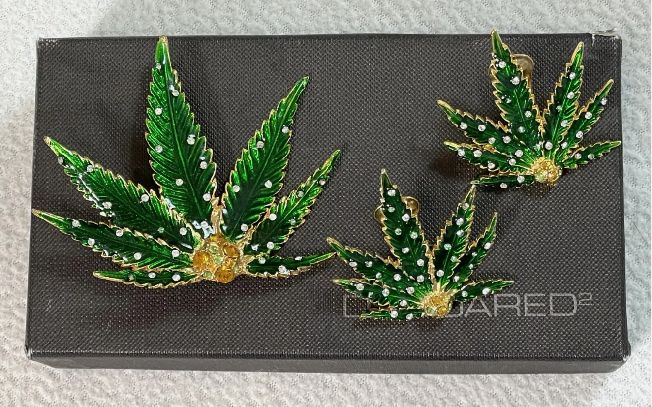 S/S 2005 Dsquared2 Runway Marijuana Pot Leaf Large Earrings & Pin