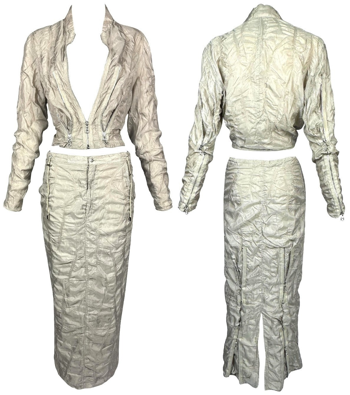 S/S 2005 Gianfranco Ferre Beige Khaki Parachute Sheer Fitted Zipper Detail Jacket & Skirt Tracksuit Set