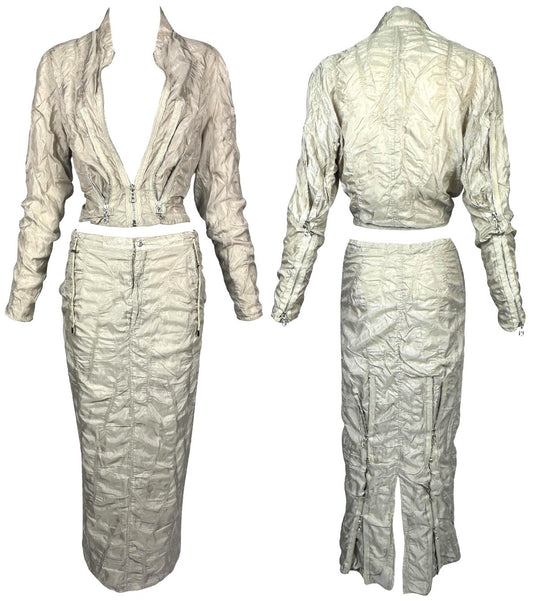 S/S 2005 Gianfranco Ferre Beige Khaki Parachute Sheer Fitted Zipper Detail Jacket & Skirt Tracksuit Set
