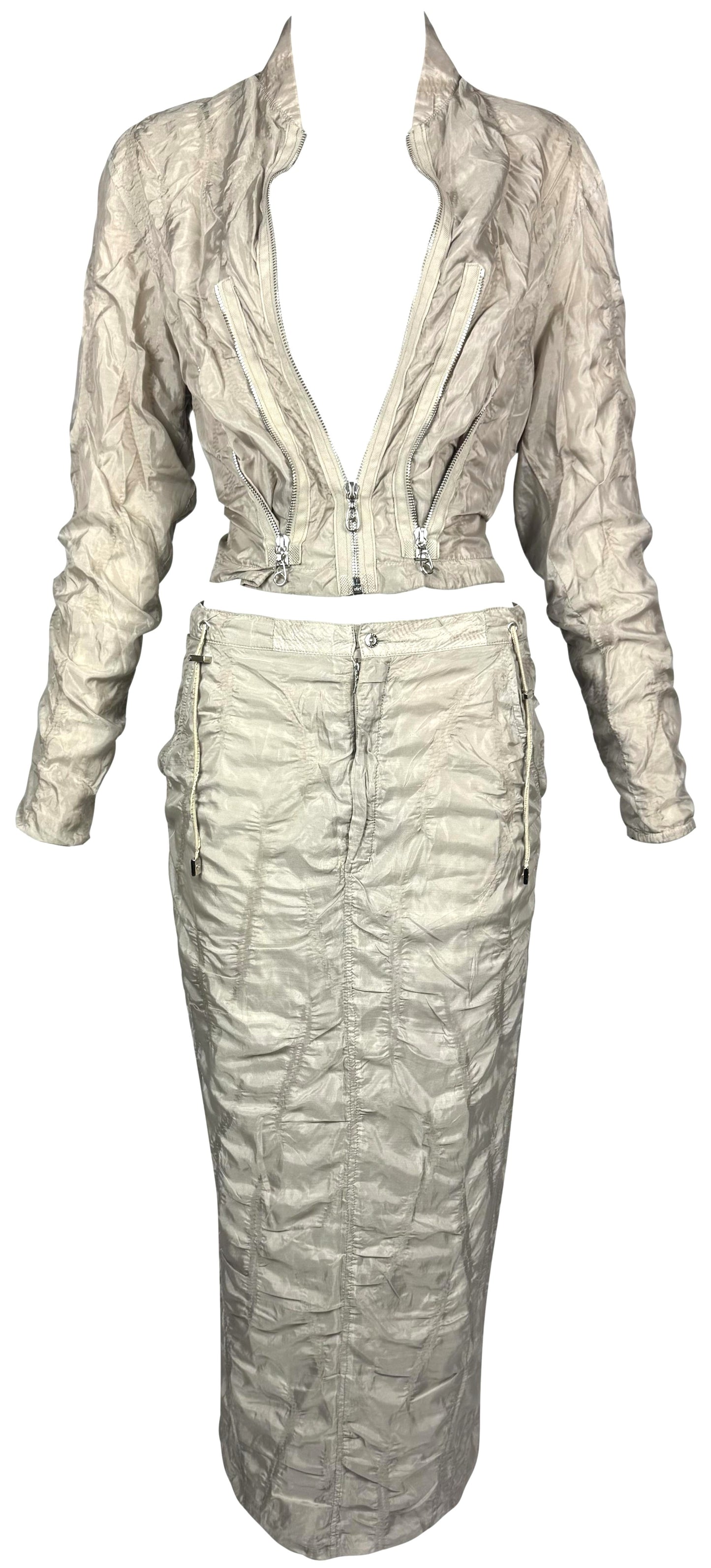 S/S 2005 Gianfranco Ferre Beige Khaki Parachute Sheer Fitted Zipper Detail Jacket & Skirt Tracksuit Set