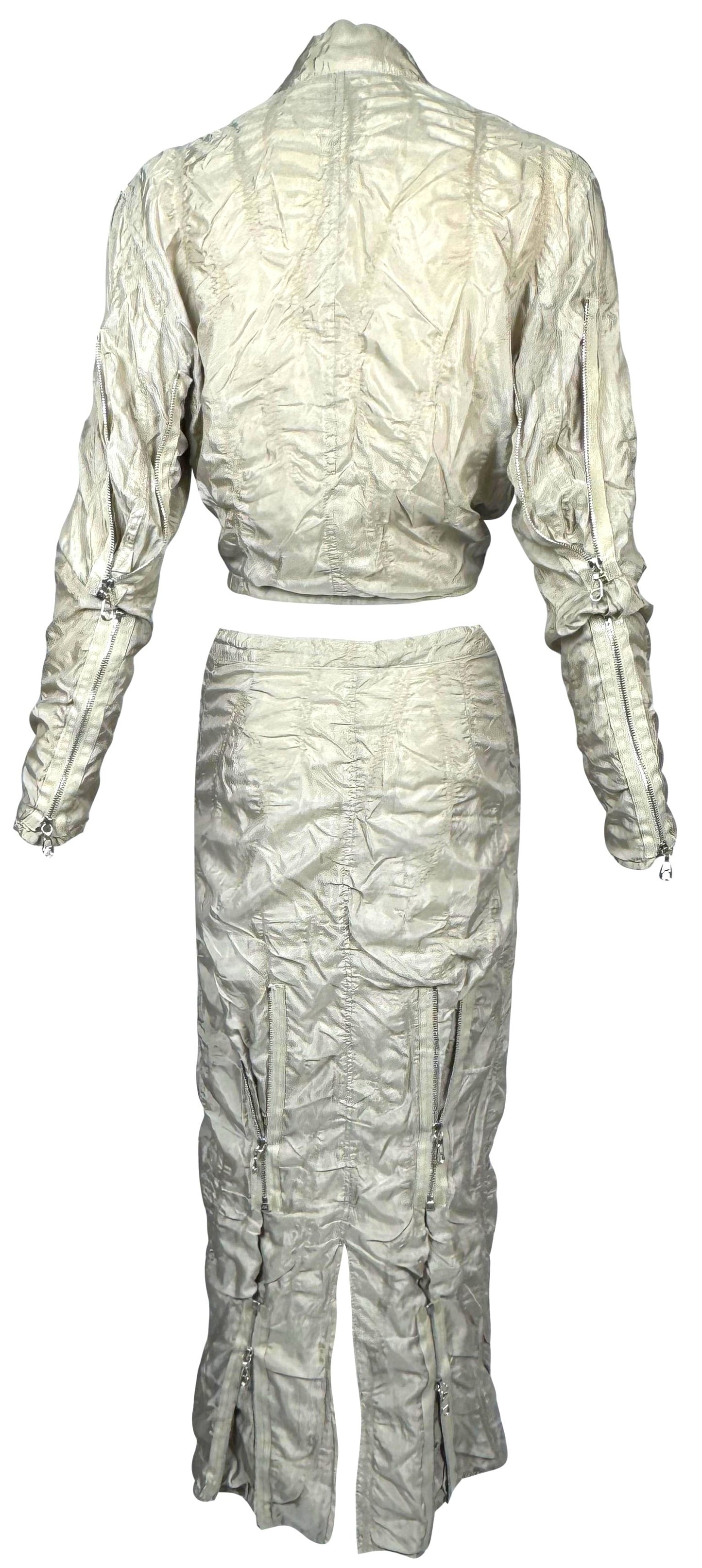 S/S 2005 Gianfranco Ferre Beige Khaki Parachute Sheer Fitted Zipper Detail Jacket & Skirt Tracksuit Set