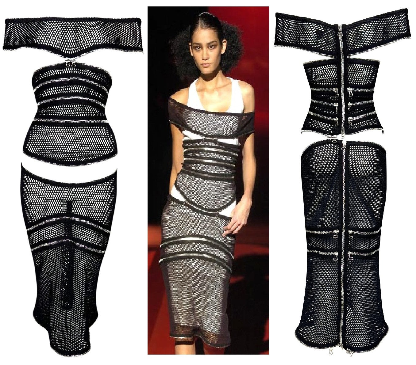 S/S 2005 Gianfranco Ferre Runway Sheer Black Fishnet Mesh Cut-Out Zipper Off Shoulder Dress 38