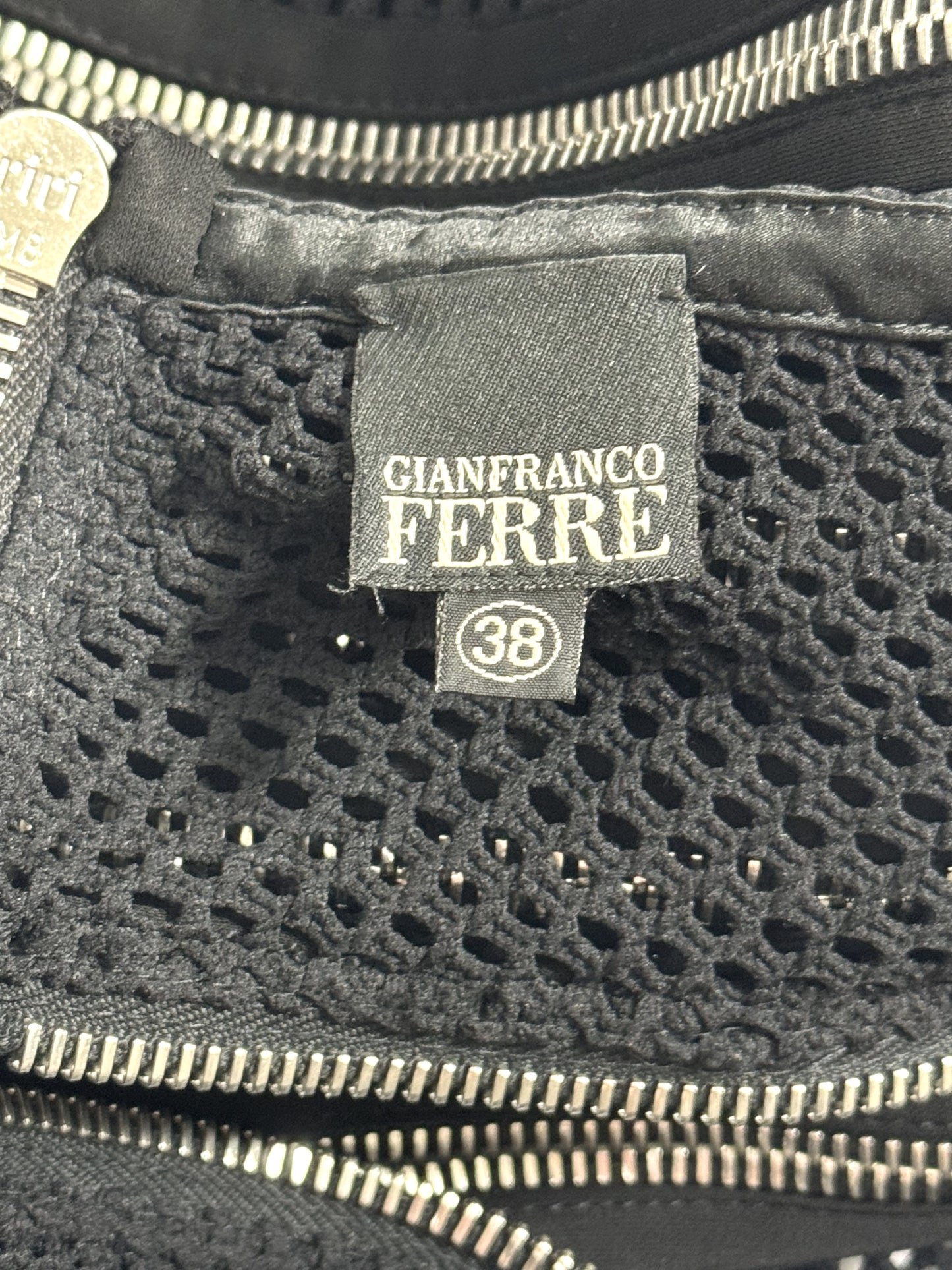 S/S 2005 Gianfranco Ferre Runway Sheer Black Fishnet Mesh Cut-Out Zipper Off Shoulder Dress 38