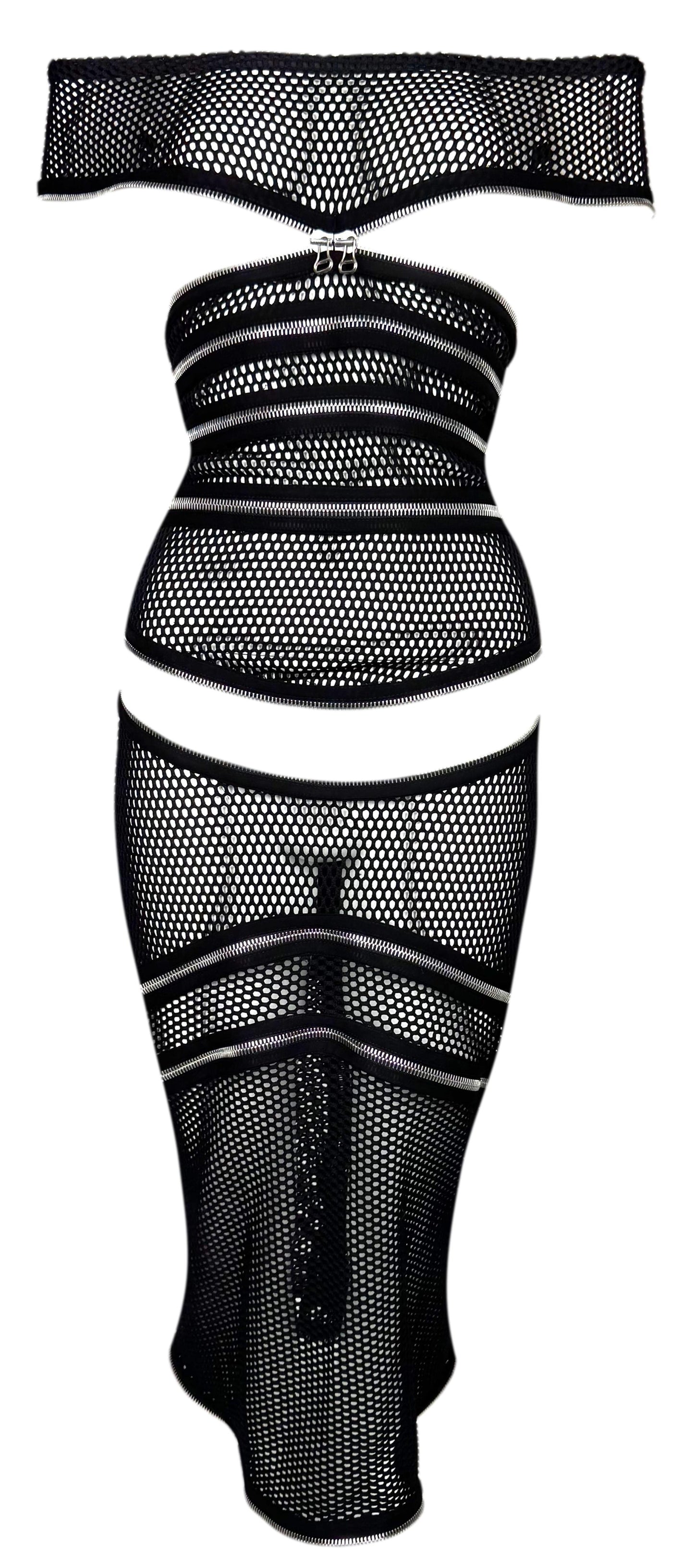 S/S 2005 Gianfranco Ferre Runway Sheer Black Fishnet Mesh Cut-Out Zipper Off Shoulder Dress 38