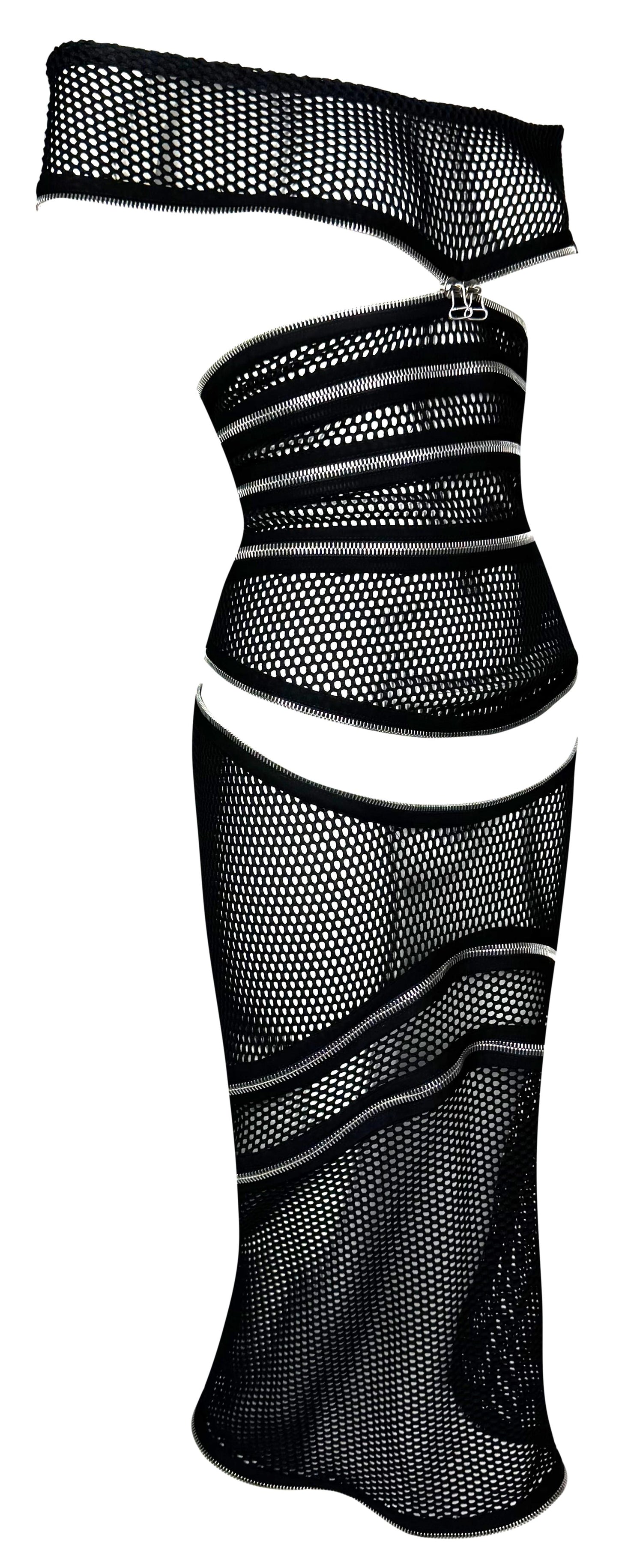 S/S 2005 Gianfranco Ferre Runway Sheer Black Fishnet Mesh Cut-Out Zipper Off Shoulder Dress 38