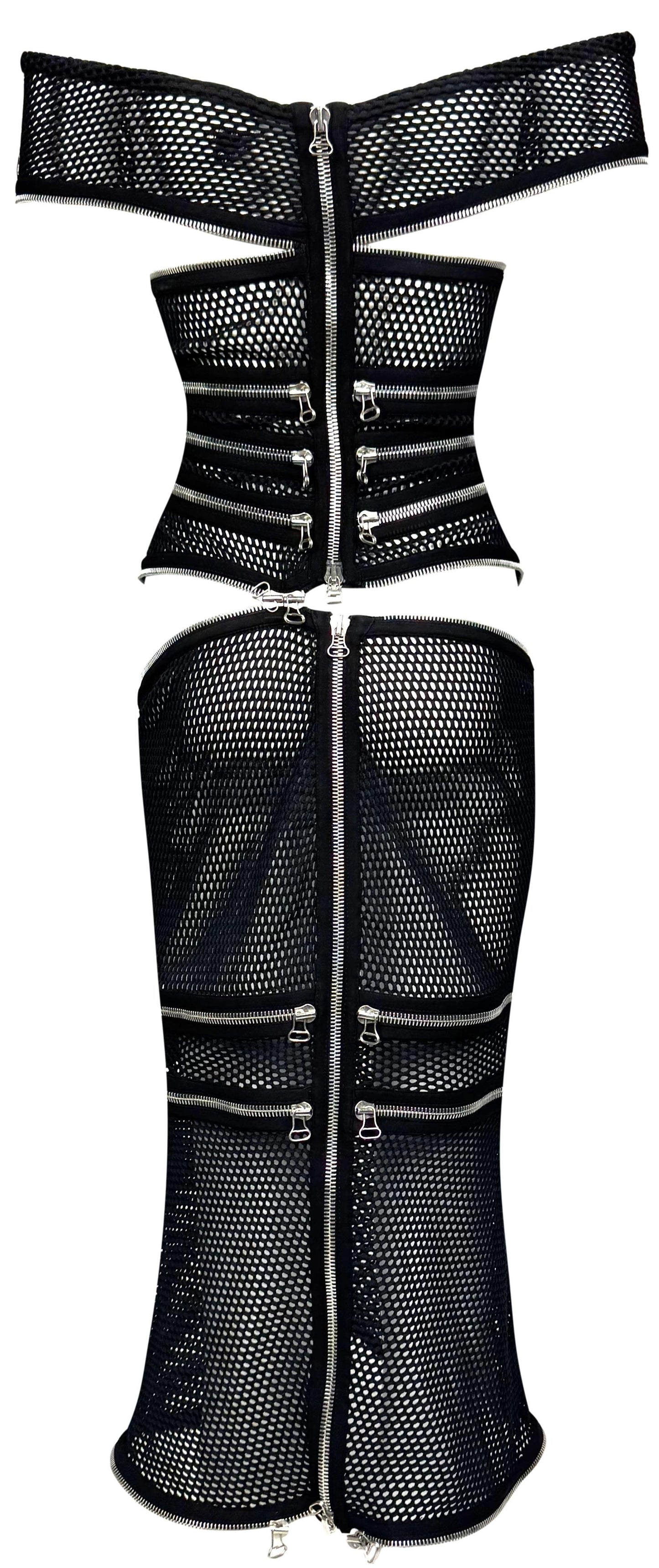 S/S 2005 Gianfranco Ferre Runway Sheer Black Fishnet Mesh Cut-Out Zipper Off Shoulder Dress 38