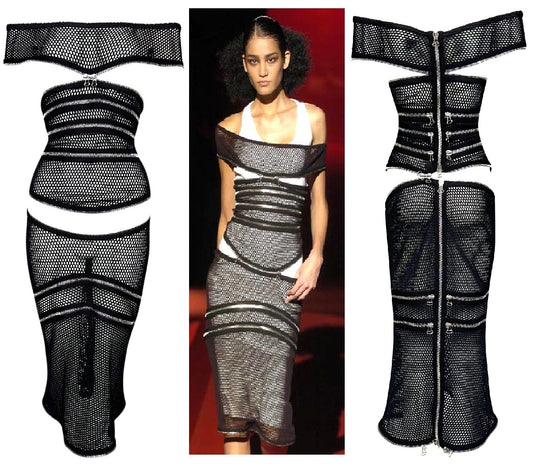 S/S 2005 Gianfranco Ferre Runway Sheer Black Fishnet Off Shoulder Zipper Cut-Out Rock n Roll Dress