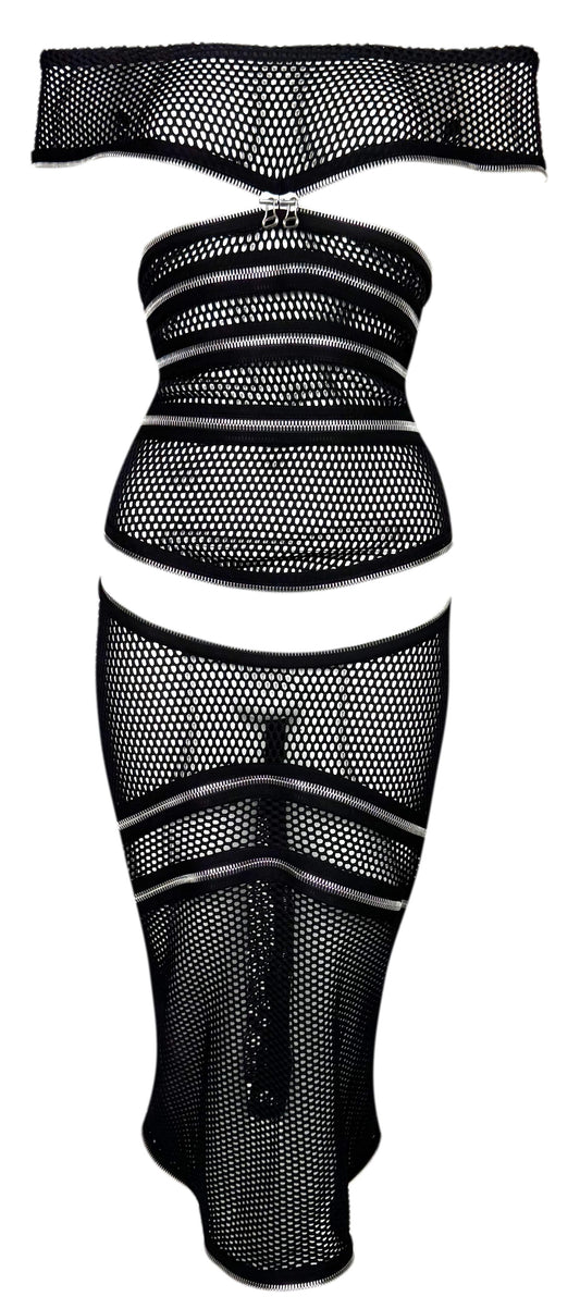 S/S 2005 Gianfranco Ferre Runway Sheer Black Fishnet Off Shoulder Zipper Cut-Out Rock n Roll Dress
