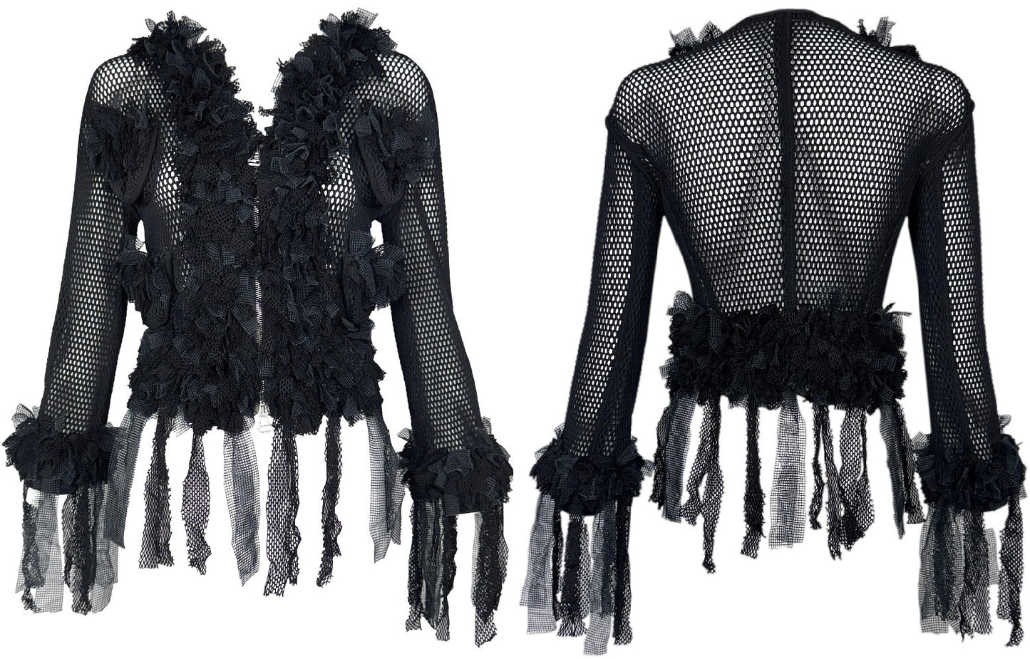 S/S 2005 Gianfranco Ferre Sheer Black Fishnet Tulle Trim Ruffle Short Jacket