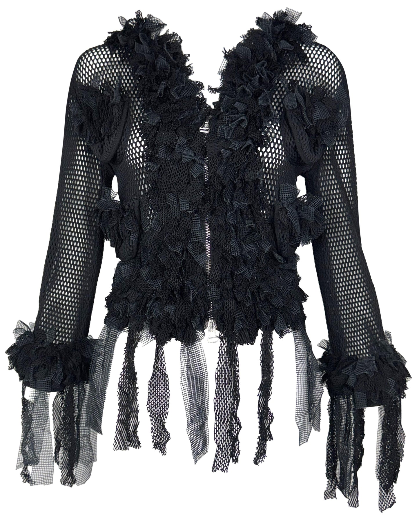 S/S 2005 Gianfranco Ferre Sheer Black Fishnet Tulle Trim Ruffle Short Jacket