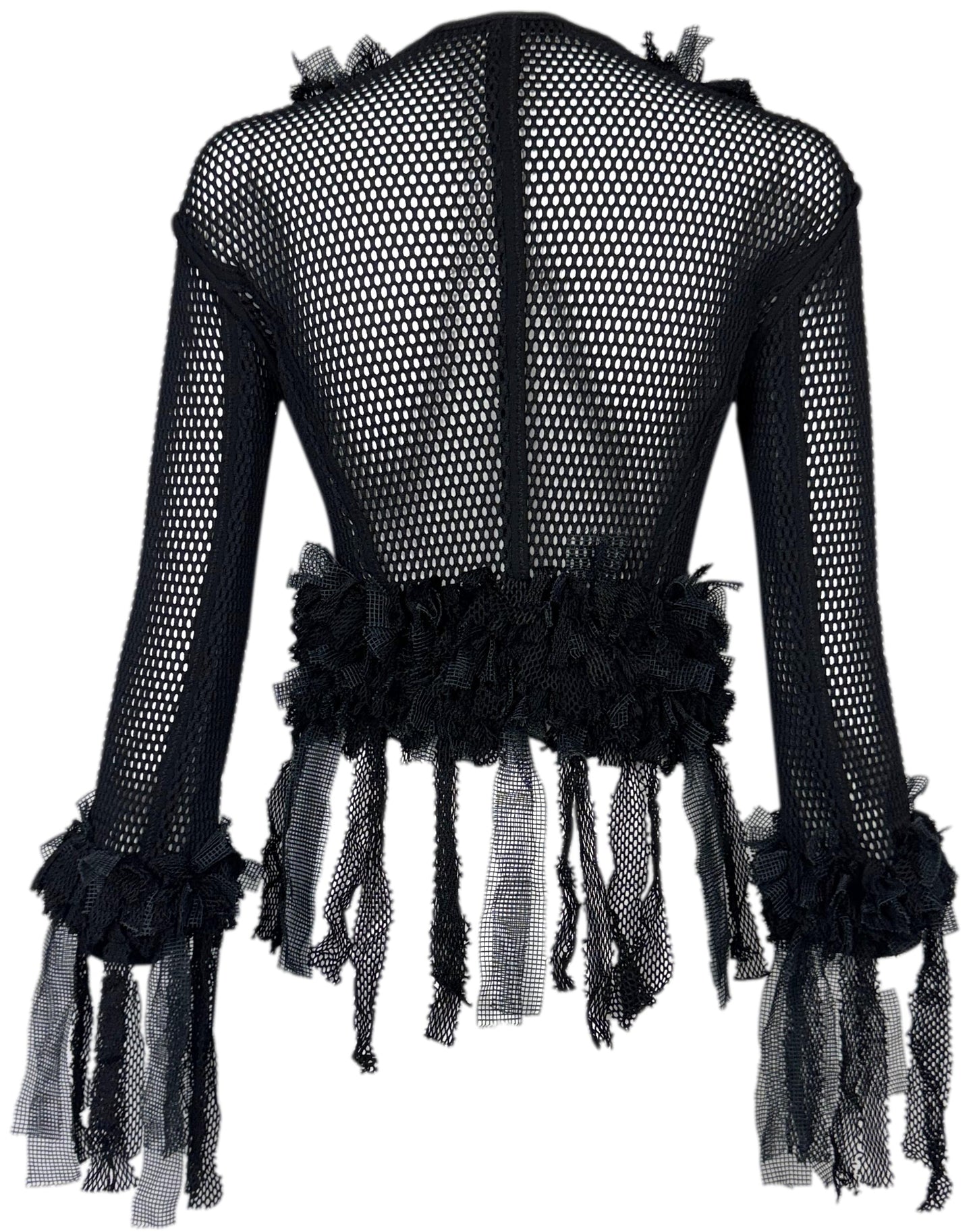 S/S 2005 Gianfranco Ferre Sheer Black Fishnet Tulle Trim Ruffle Short Jacket