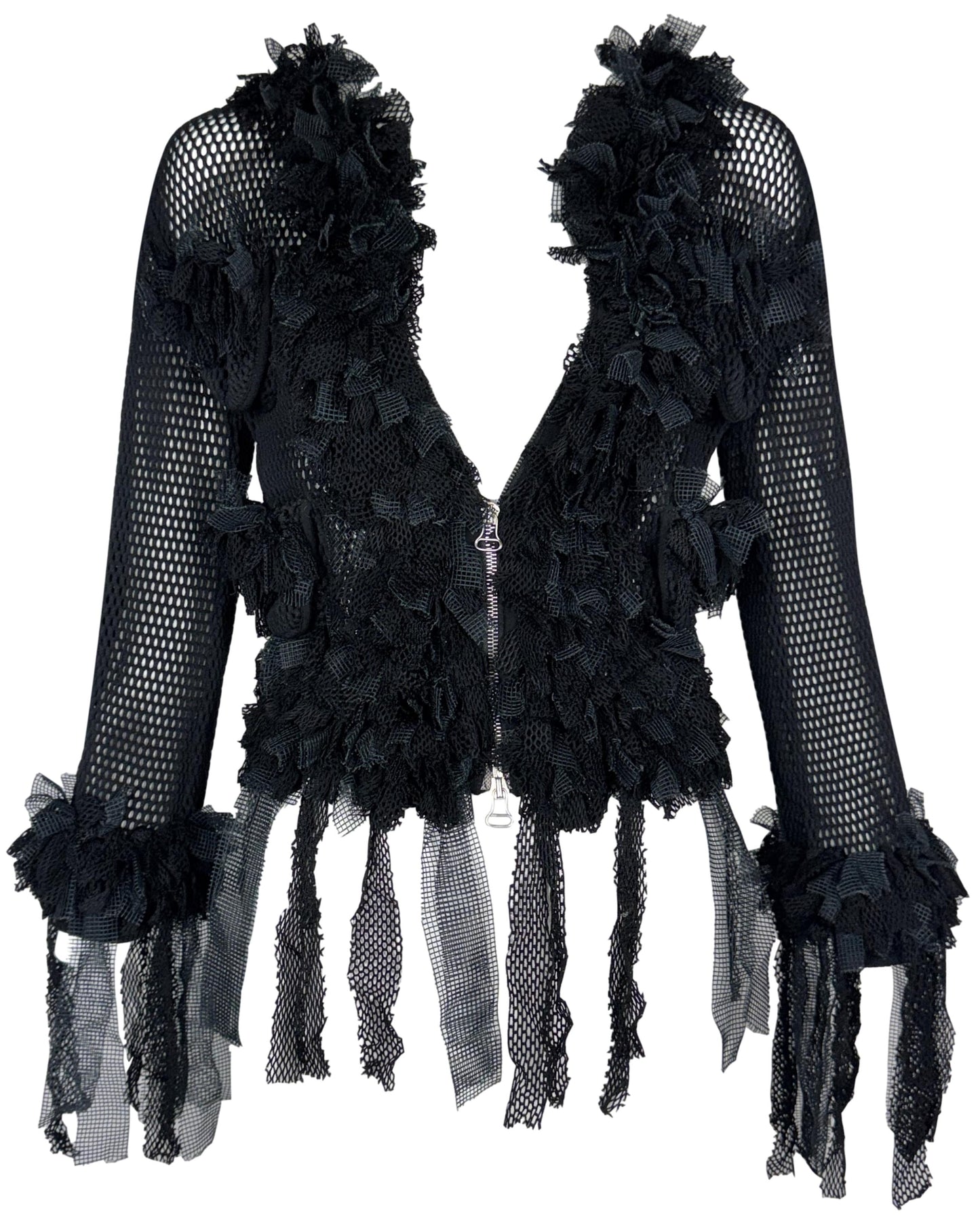 S/S 2005 Gianfranco Ferre Sheer Black Fishnet Tulle Trim Ruffle Short Jacket