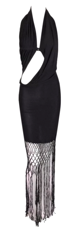 S/S 2005 Look 44 Jean Paul Gaultier Runway Black Cut-out Draped Fringe Dress