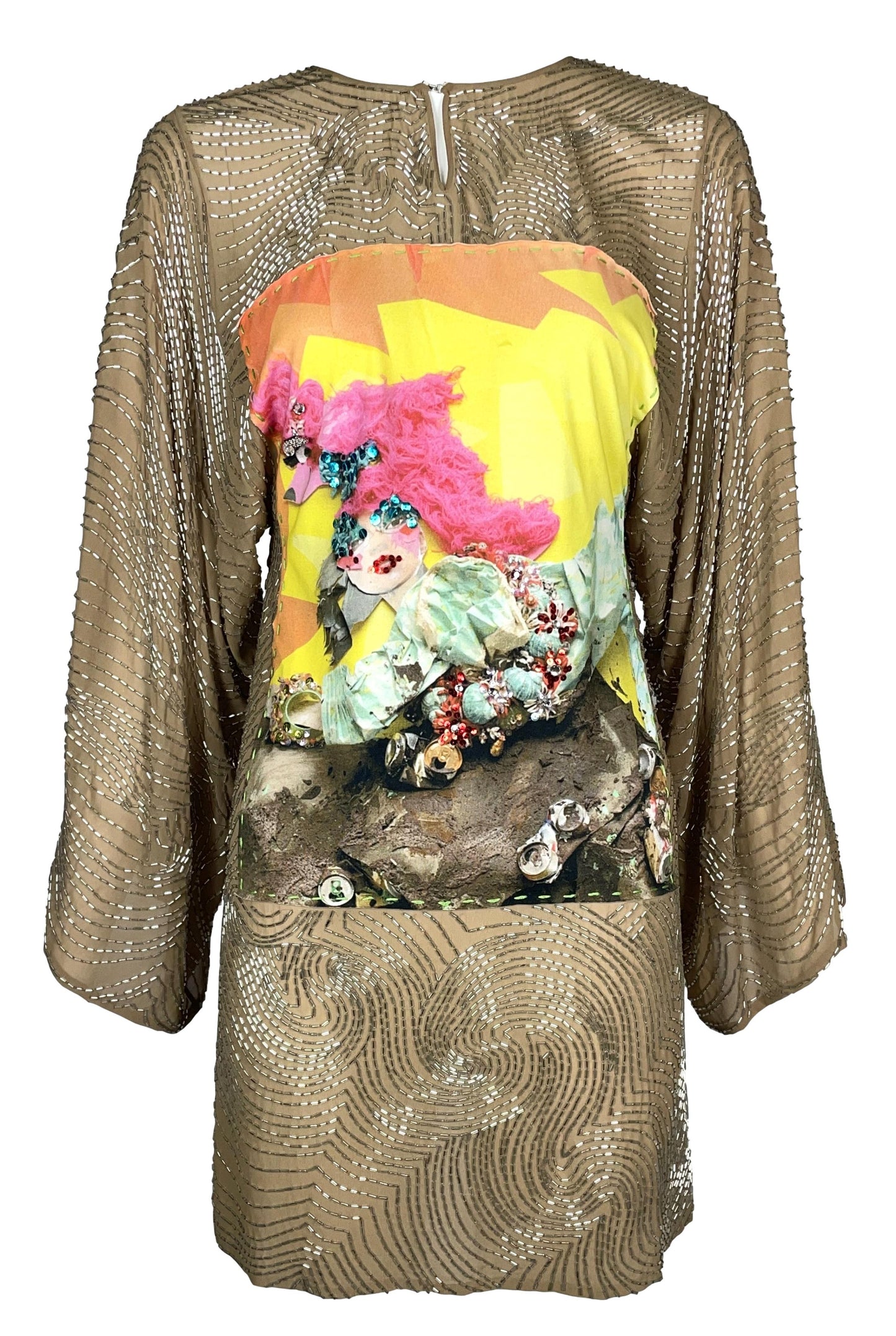 S/S 2005 John Galliano Runway Sheer Nude Beaded Silk Kimono Sleeve Mini Dress