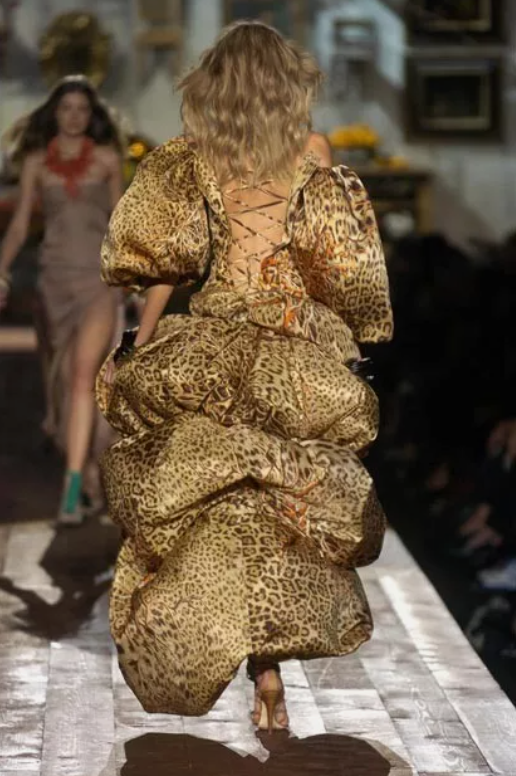 S/S 2005 Roberto Cavalli Runway Puffy Victorian Leopard Off Shoulder Corset Ball Gown Dress w Long Train