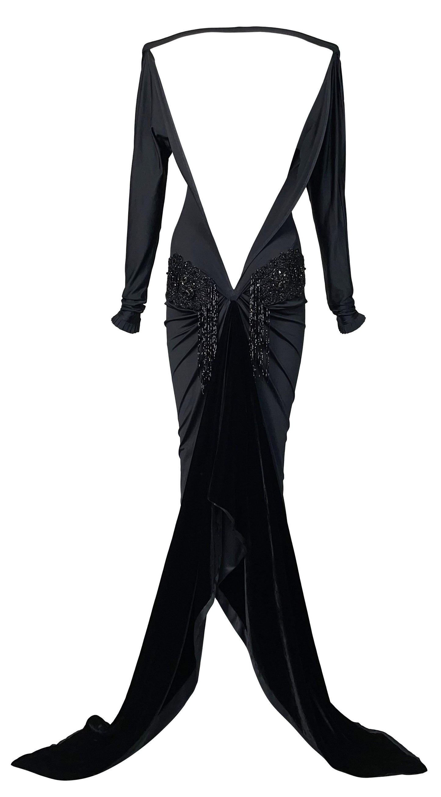 F/W 2006 Gianfranco Ferre Runway Black Plunging Back Beaded Long Gown Dress w Train 40