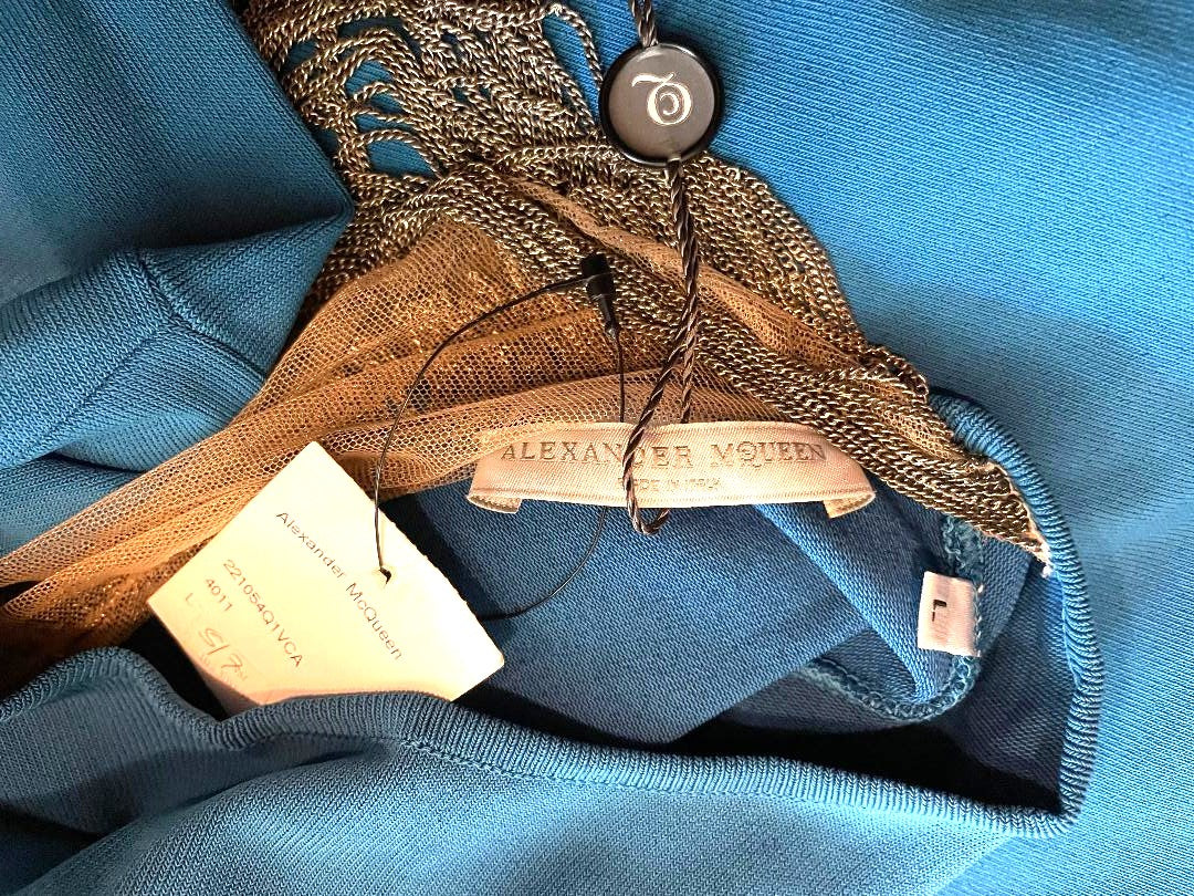 S/S 2006 Alexander McQueen Sheer Mesh Gold Chains Blue Bodycon Dress