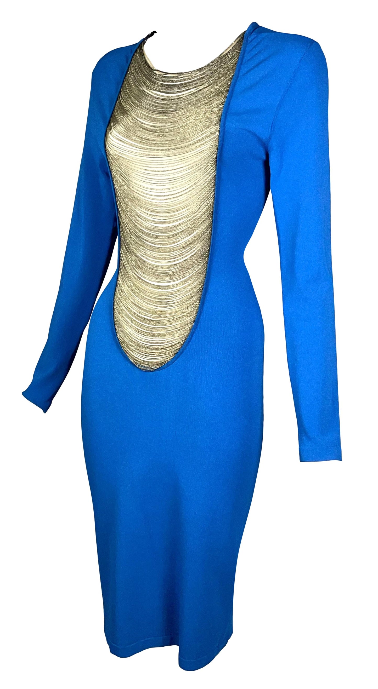 S/S 2006 Alexander McQueen Sheer Mesh Gold Chains Blue Bodycon Dress