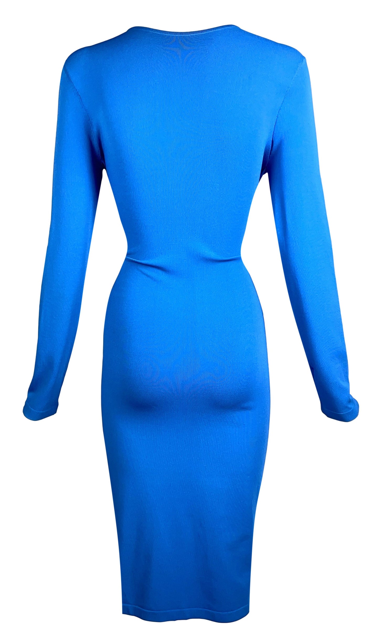 S/S 2006 Alexander McQueen Sheer Mesh Gold Chains Blue Bodycon Dress