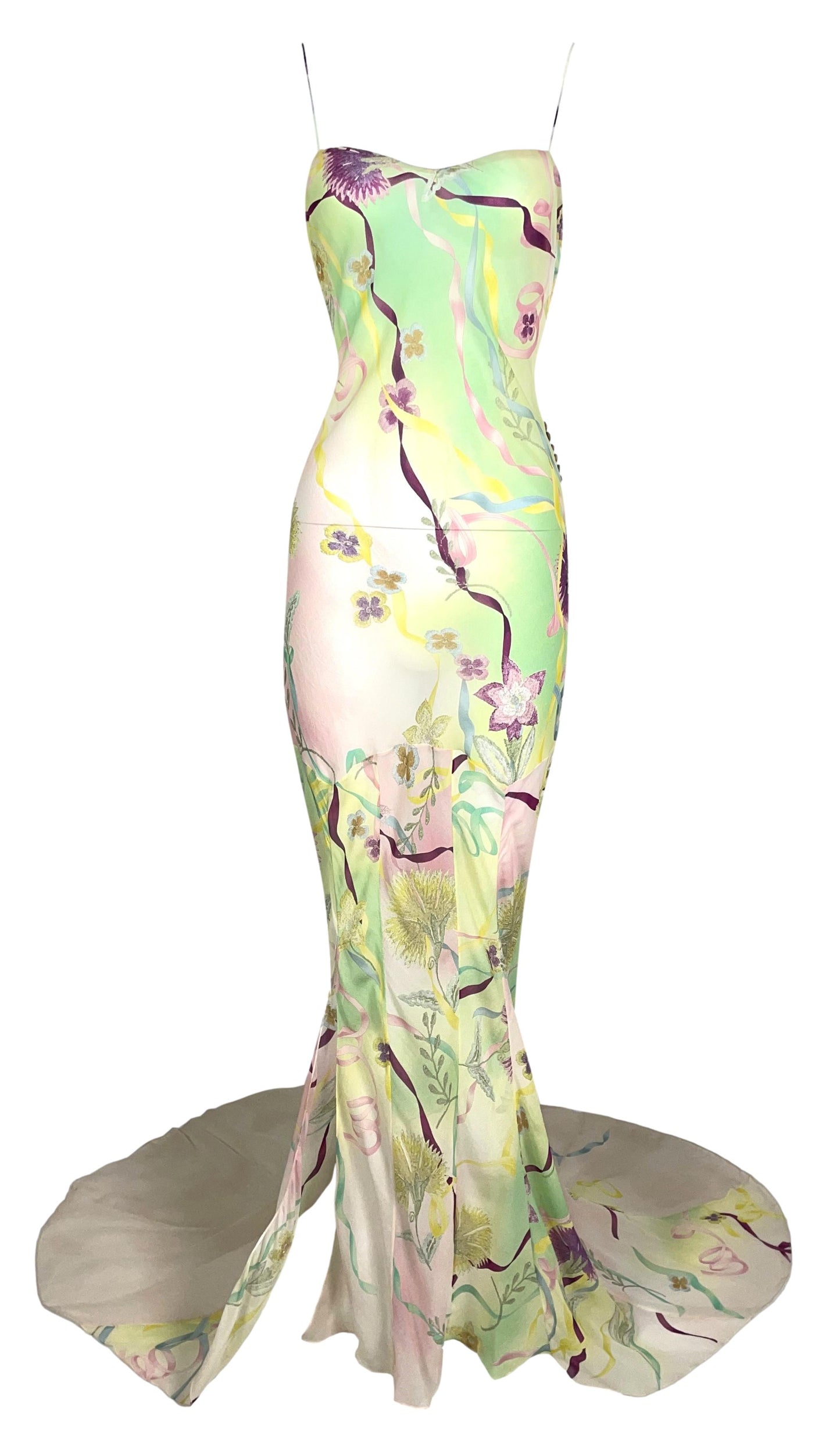 S/S 2006 Christian Dior by John Galliano Sheer Flowers & Ribbons Silk Gown Dress w Train