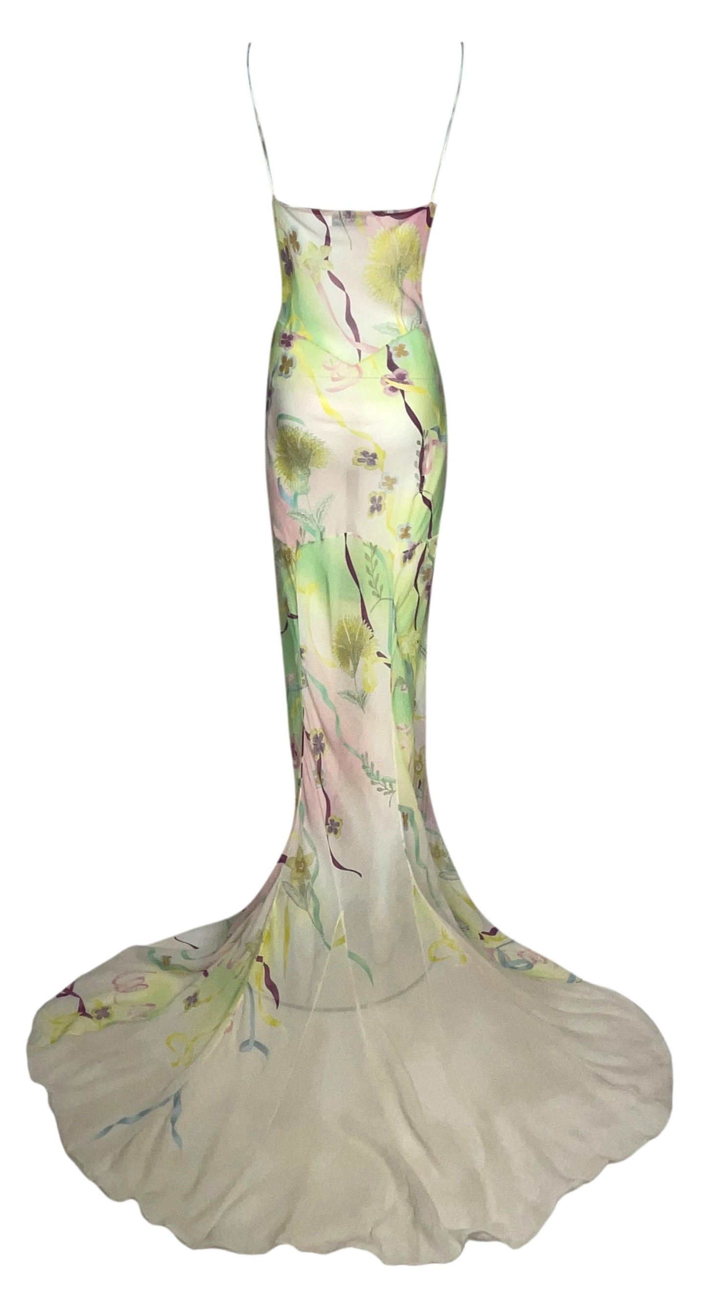 S/S 2006 Christian Dior by John Galliano Sheer Flowers & Ribbons Silk Gown Dress w Train