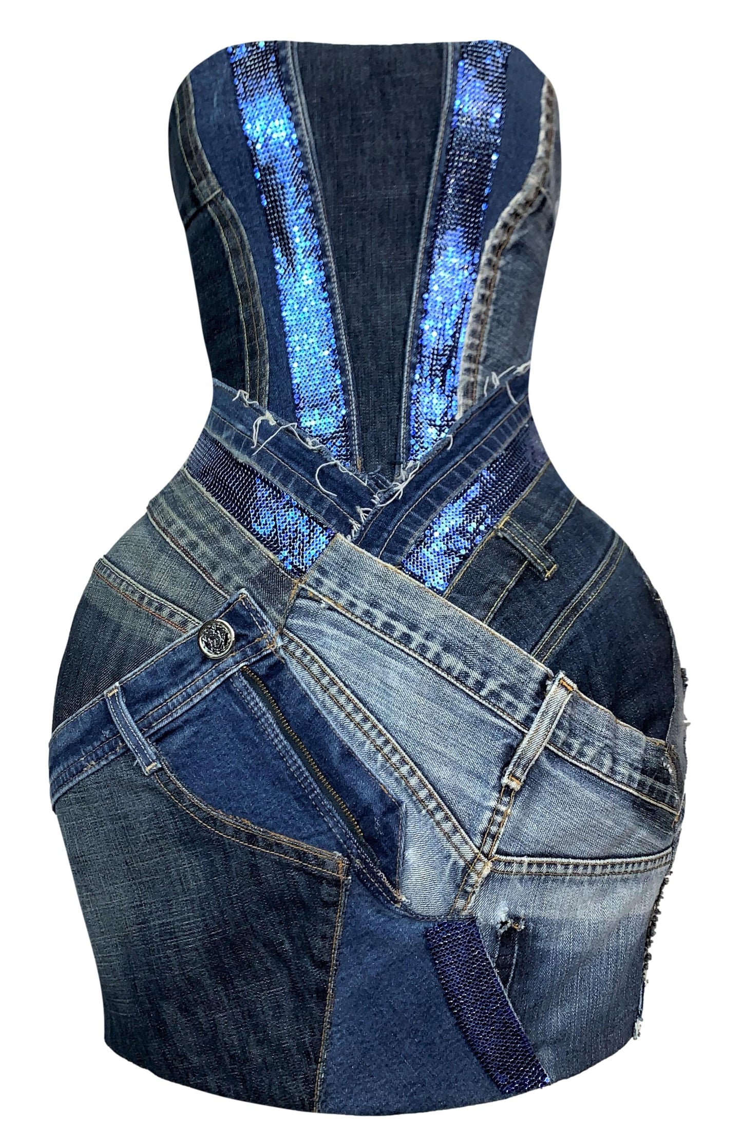 2000's Atelier Versace Couture Distressed Denim Chainmail Exaggerated Hips Strapless Mini Dress