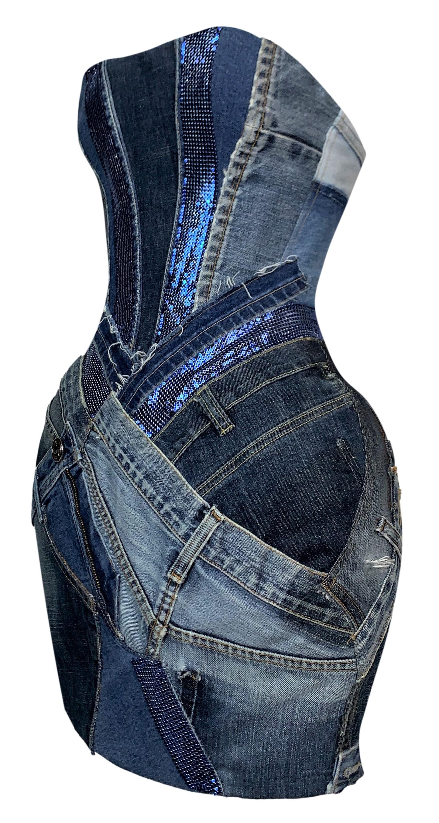 2000's Atelier Versace Couture Distressed Denim Chainmail Exaggerated Hips Strapless Mini Dress