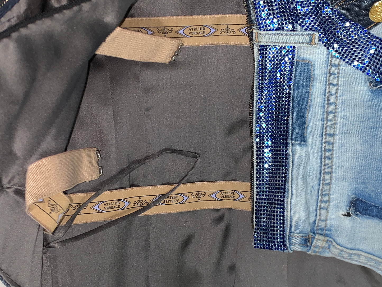 2000's Atelier Versace Couture Distressed Denim Chainmail Exaggerated Hips Strapless Mini Dress