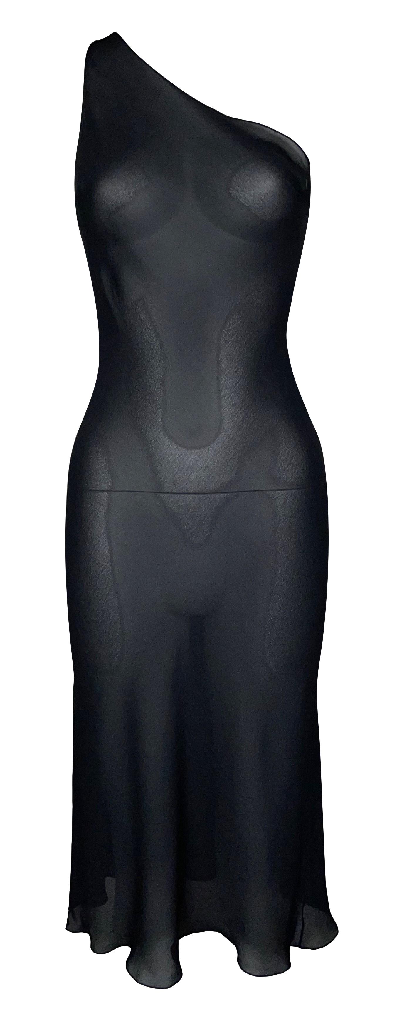 2000's Christian Dior by John Galliano Sheer Black Silk One Shoulder Midi Dress