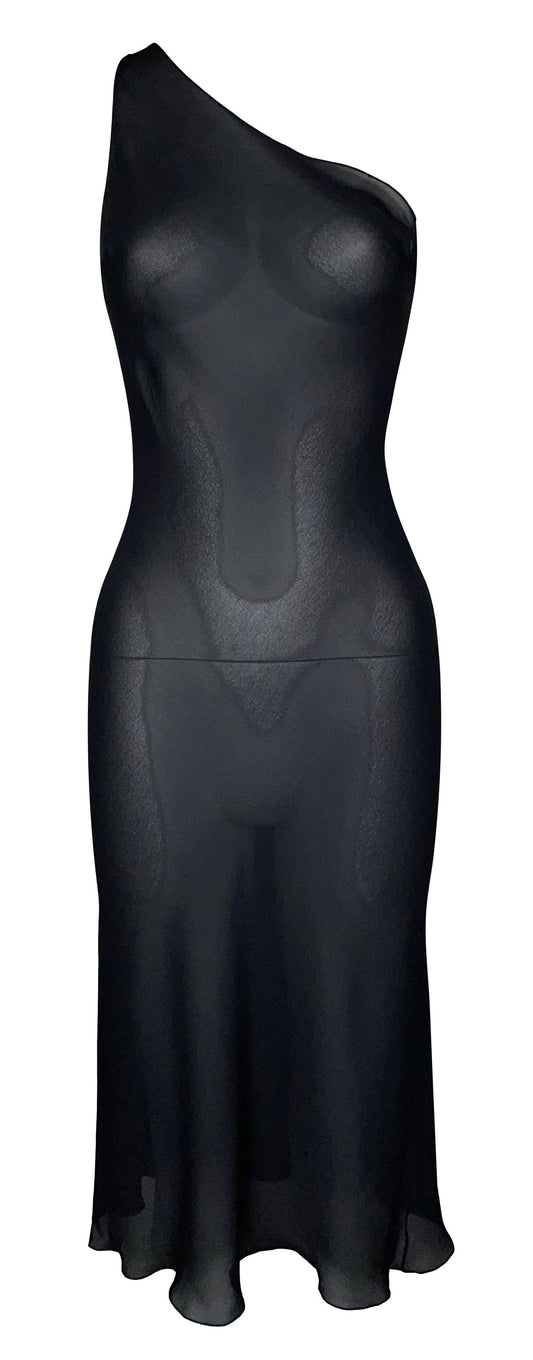2000's Christian Dior by John Galliano Sheer Black Silk One Shoulder Midi Dress