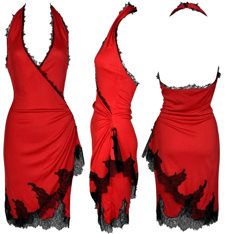 2006 Emanuel Ungaro Sexy Plunging Red & Black Lace Wrap Halter Dress