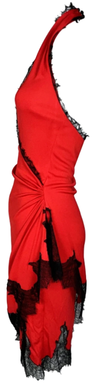 2006 Emanuel Ungaro Sexy Plunging Red & Black Lace Wrap Halter Dress