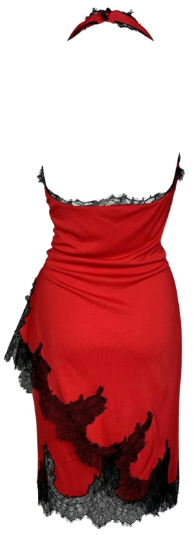 2006 Emanuel Ungaro Sexy Plunging Red & Black Lace Wrap Halter Dress