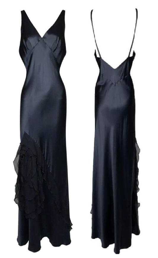 F/W 2006 Christian Dior by John Galliano Black Silk Satin Ruffle Maxi Slip Dress