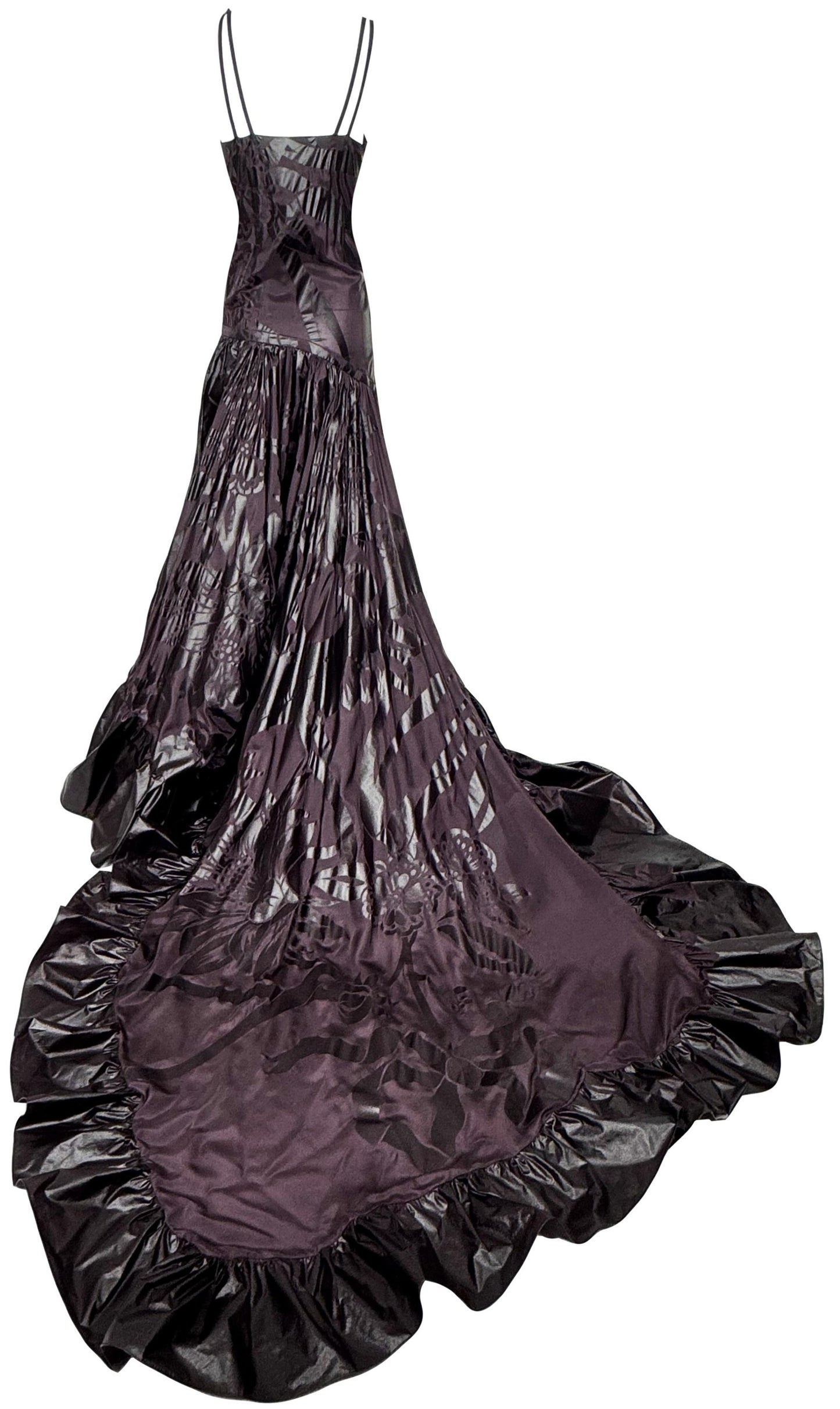 F/W 2006 Christian Dior by John Galliano Runway Goth Queen Burgundy Ball Gown Dress w Long Train and Cropped Fur Trim Jacket Set