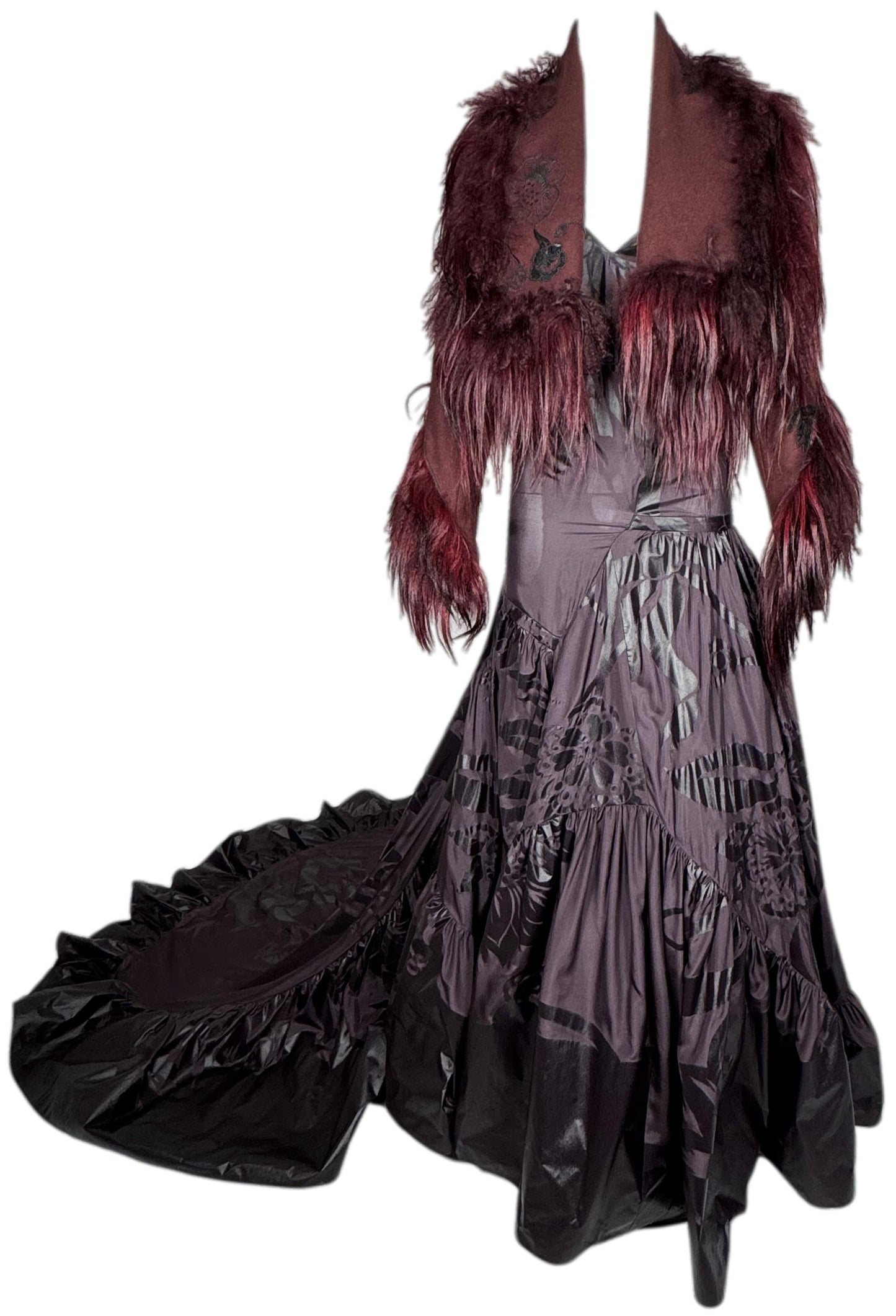 F/W 2006 Christian Dior by John Galliano Runway Goth Queen Burgundy Ball Gown Dress w Long Train and Cropped Fur Trim Jacket Set